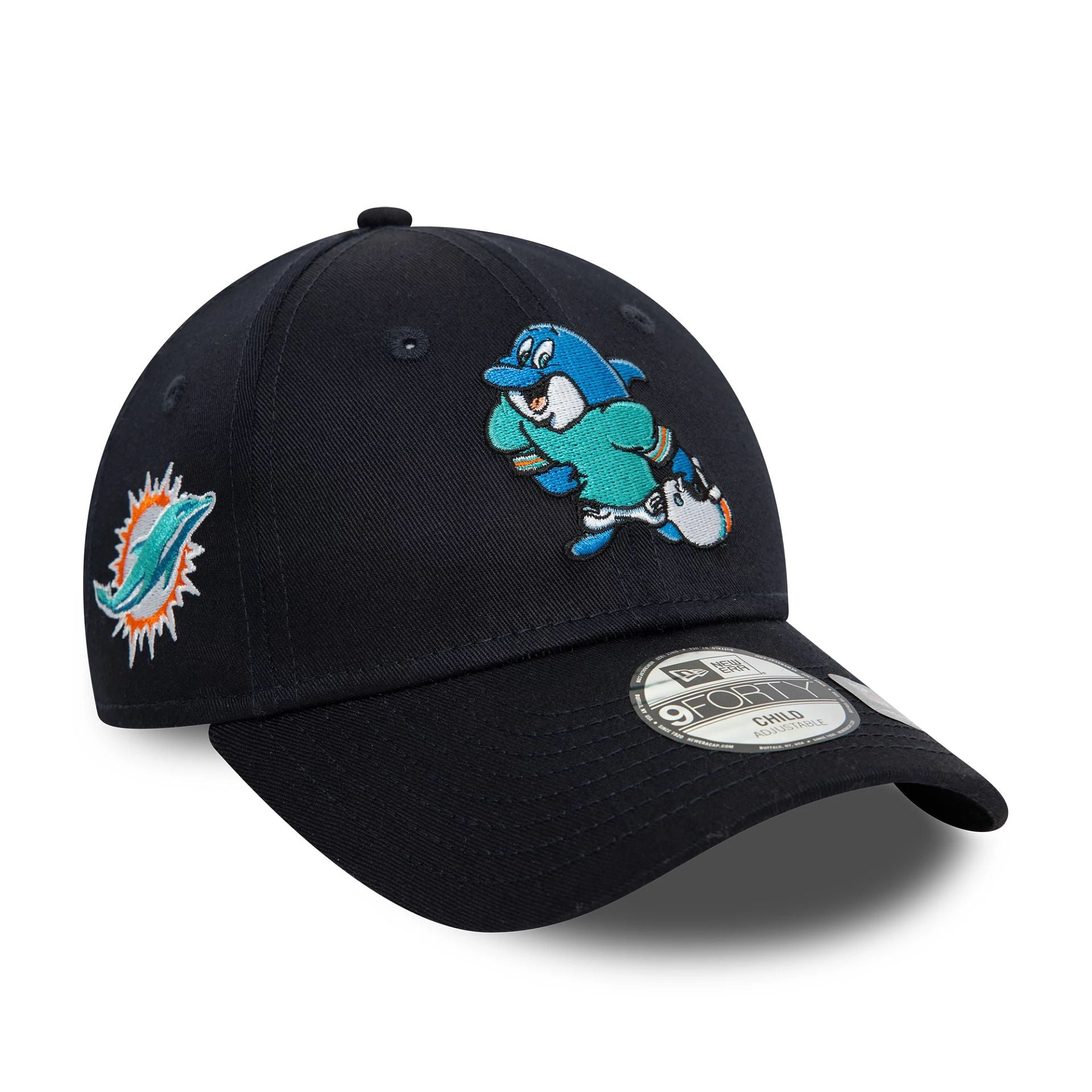 This is a Miami Dolphins Child NFL Mascot Navy 9FORTY Adjustable Cap 1