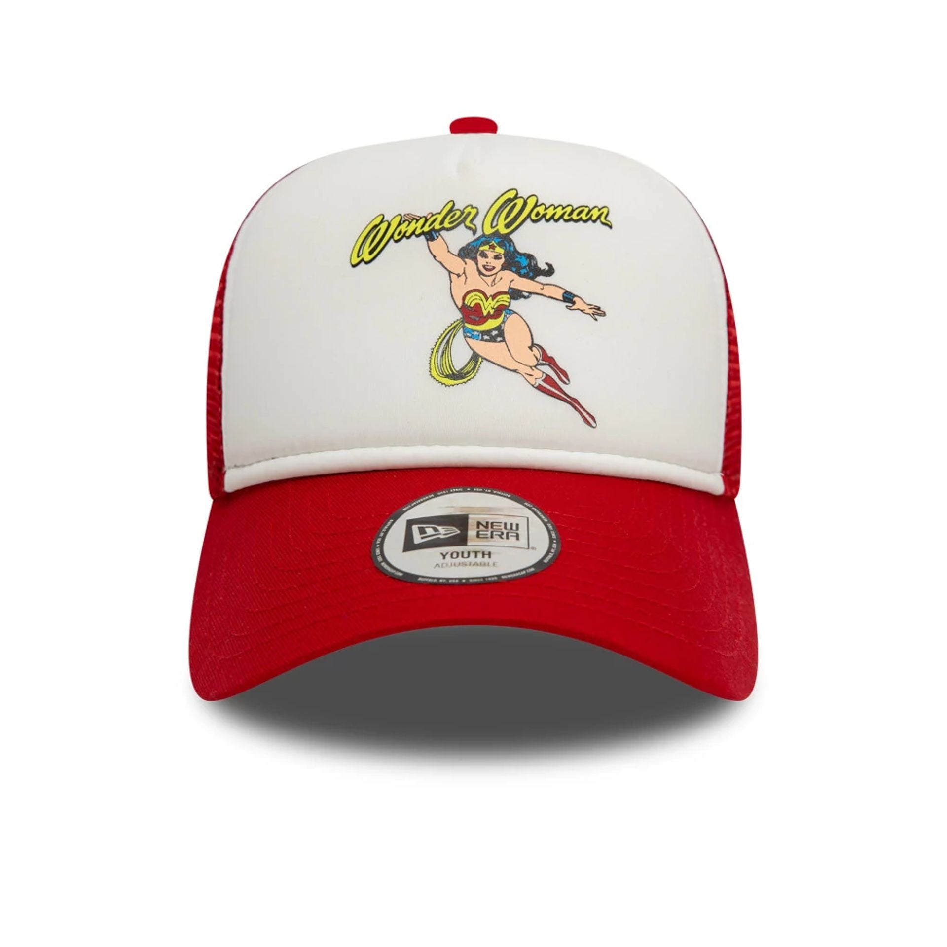 This is a Youth DC Wonder Woman Red 9FORTY A-Frame Trucker Adjustable Cap 2