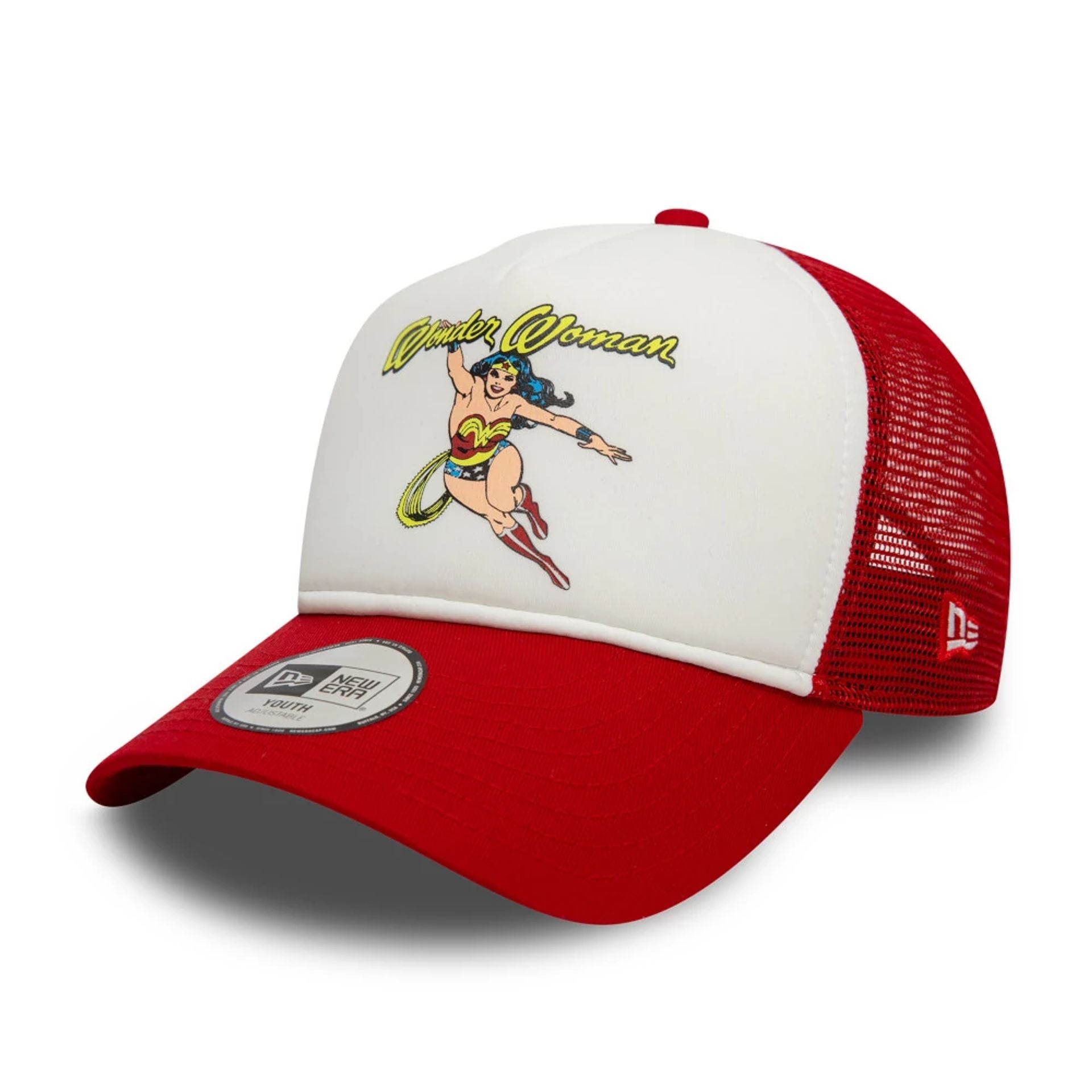 This is a Youth DC Wonder Woman Red 9FORTY A-Frame Trucker Adjustable Cap 1