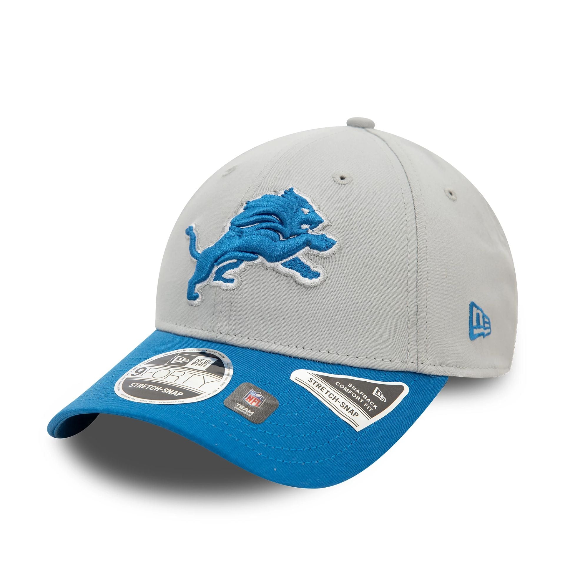 This is a Detroit Lions NFL Chrome White 9FORTY Stretch Snap Adjustable Cap 1