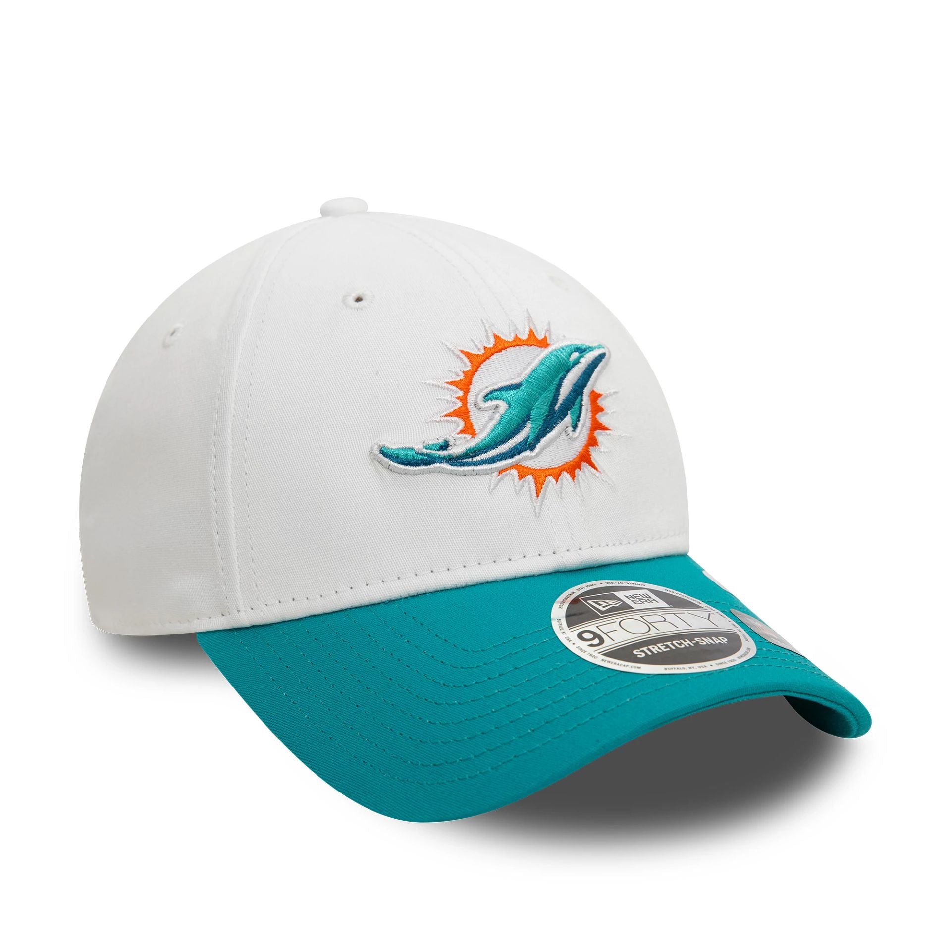 This is a Miami Dolphins NFL White 9FORTY Stretch Snap Adjustable Cap 3