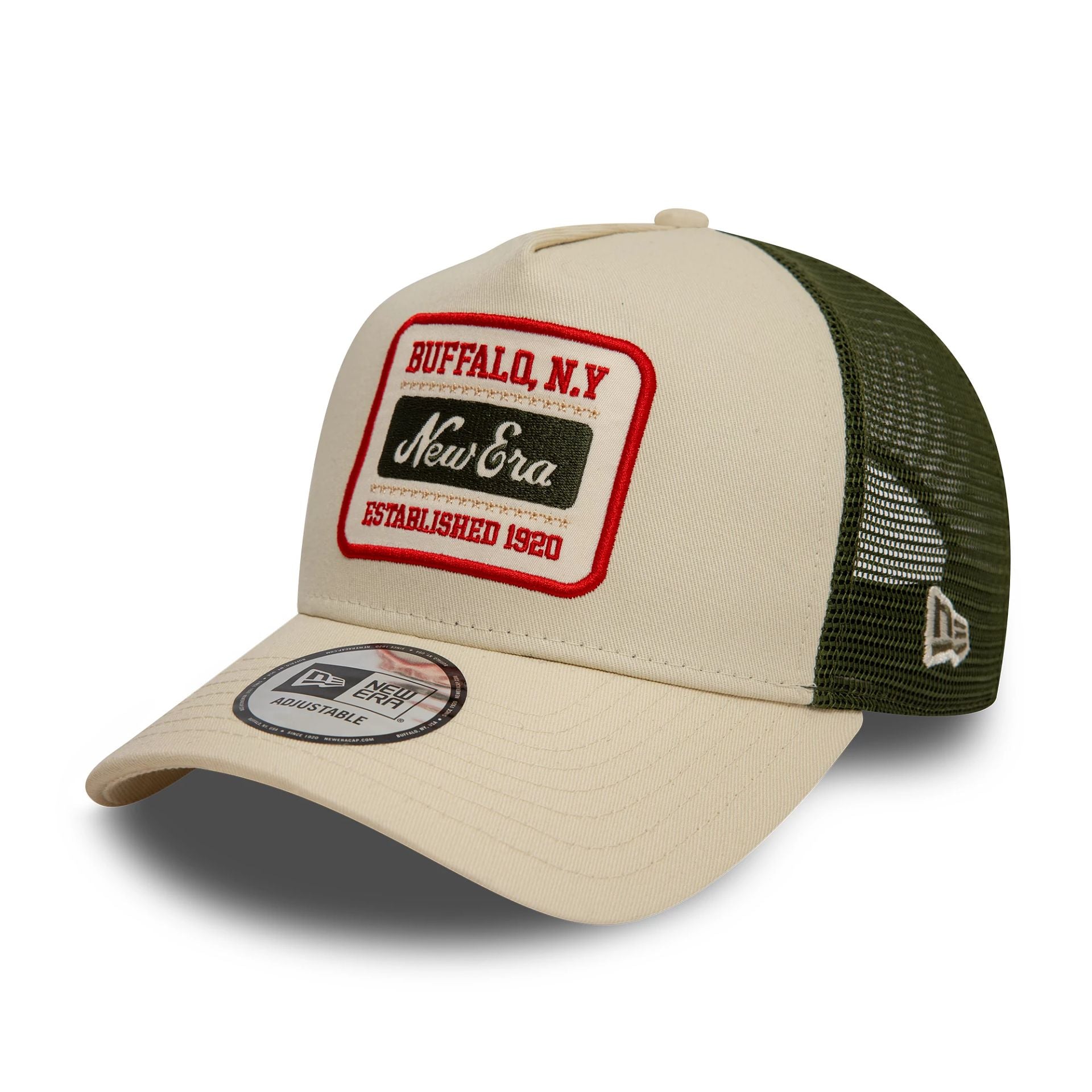 This is a New Era Patch Cream 9FORTY A-Frame Trucker Adjustable Cap 1