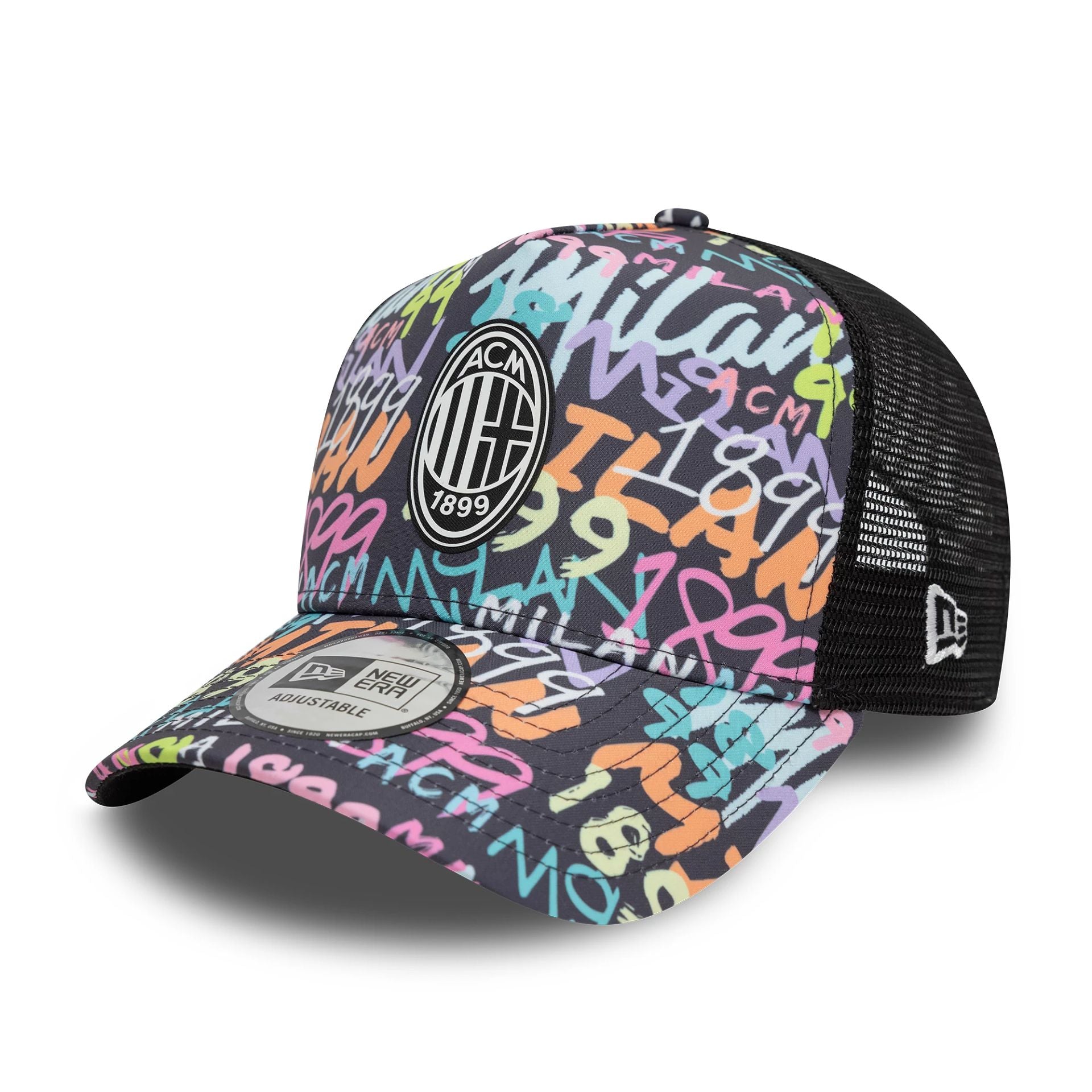 This is a AC Milan Graffiti All Over Print Black 9FORTY A-Frame Trucker Adjustable Cap 1