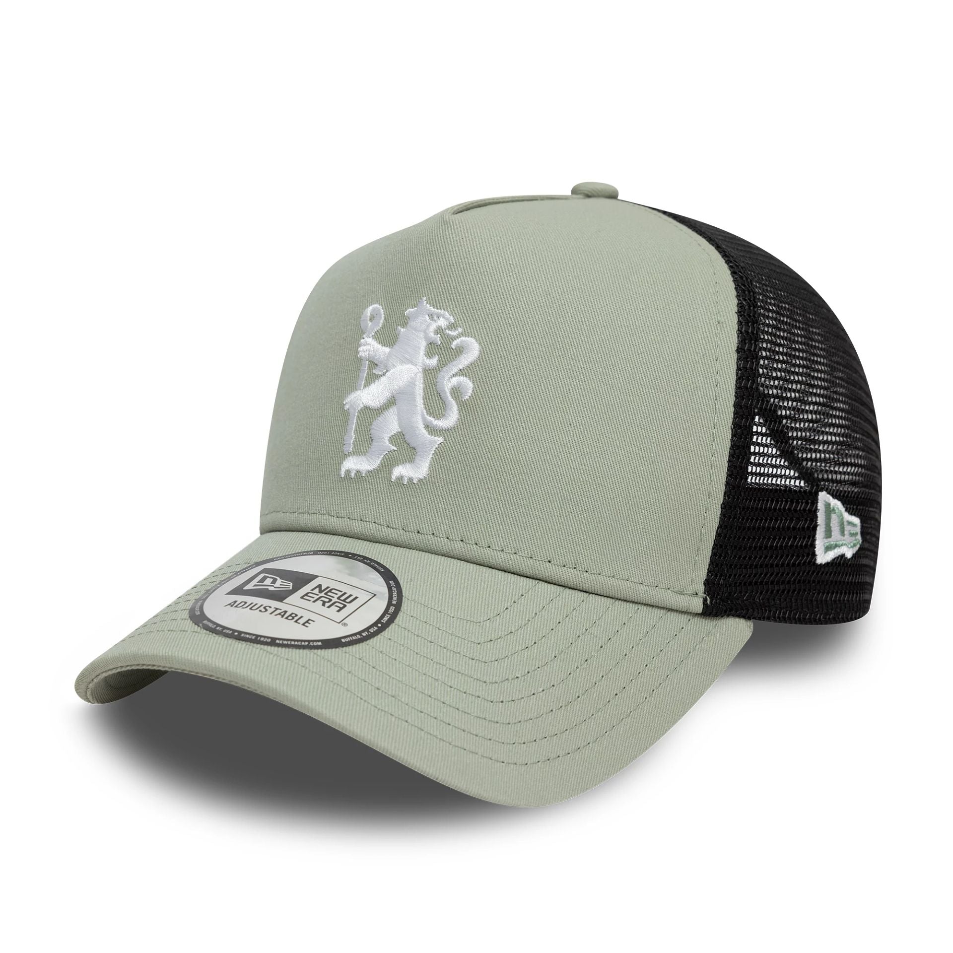 This is a Chelsea FC Lion Crest Seasonal Pop Pastel Green 9FORTY A-Frame Trucker Adjustable Cap 1