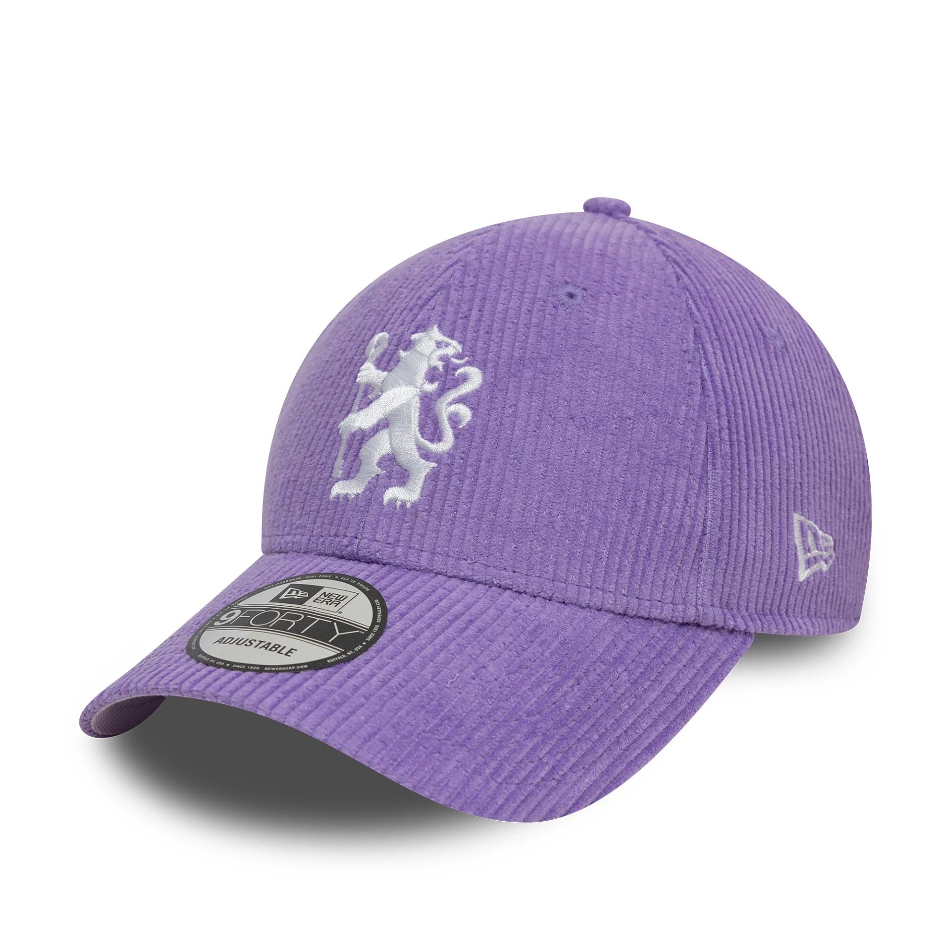 This is a Chelsea FC Lion Crest Camo Cord Pastel Purple 9FORTY Adjustable Cap 1