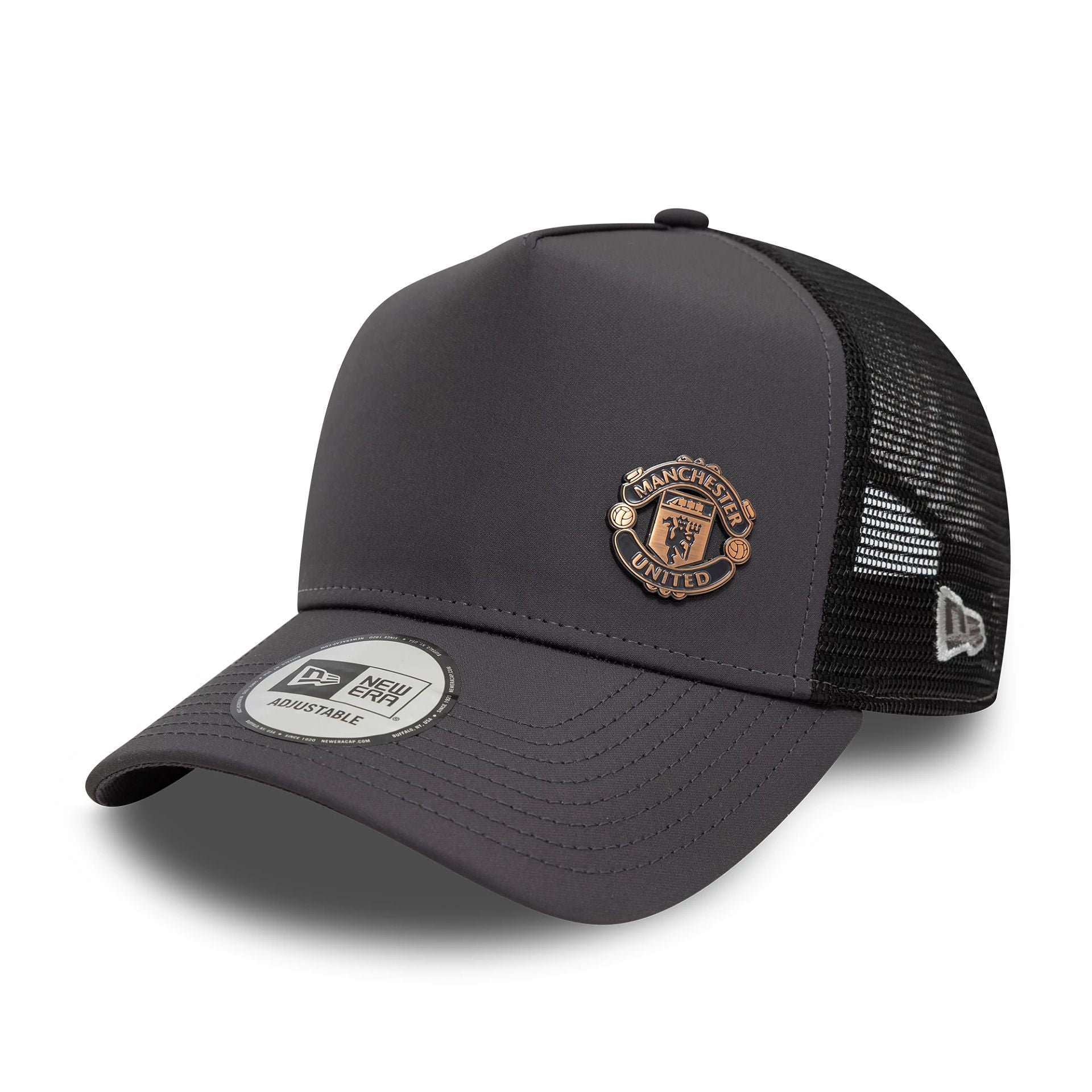 This is a Manchester United FC Bronze Dark Grey 9FORTY A-Frame Trucker Adjustable Cap 1