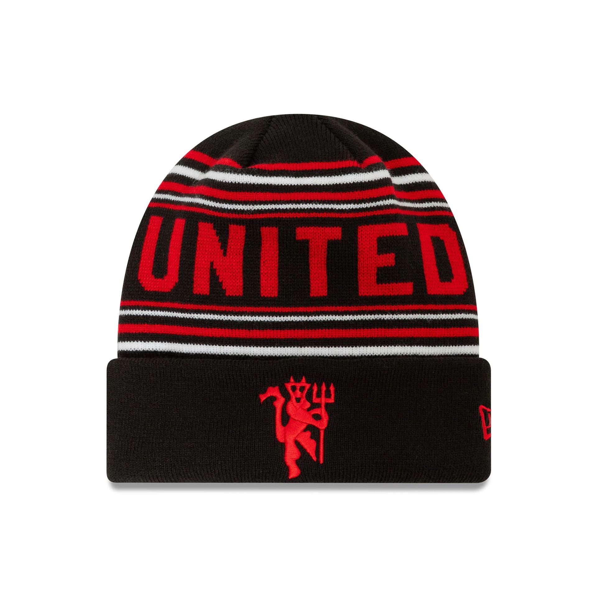 This is a Manchester United FC Stripe Black Cuff Knit Beanie Hat 1