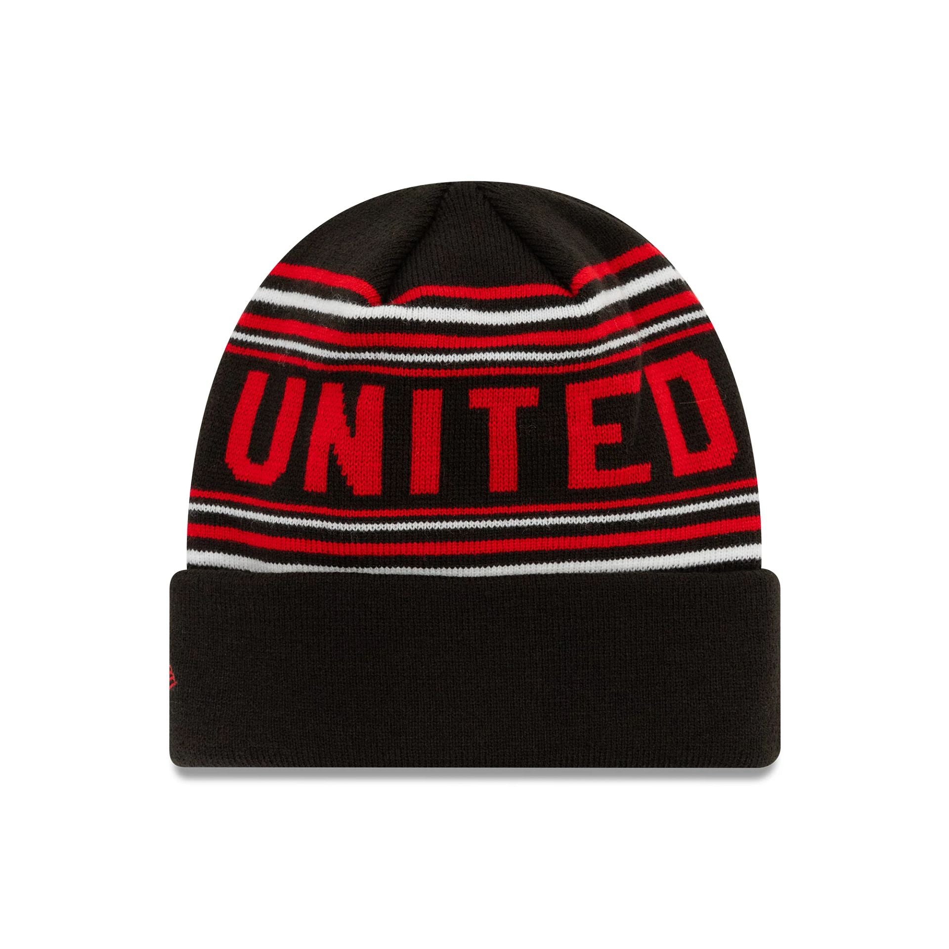 This is a Manchester United FC Stripe Black Cuff Knit Beanie Hat 2