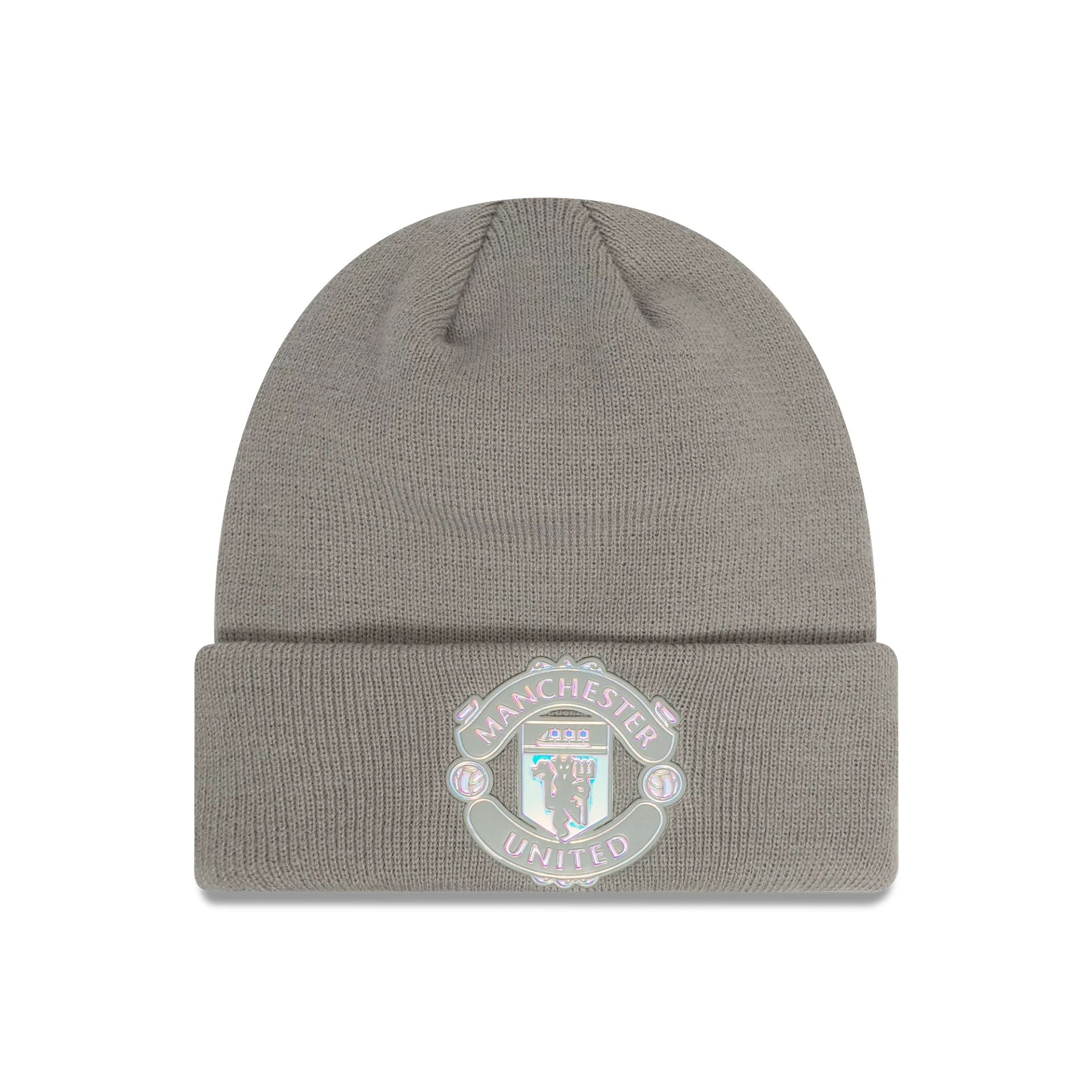 This is a Manchester United FC Kids Iridescent Grey Cuff Knit Beanie Hat 1