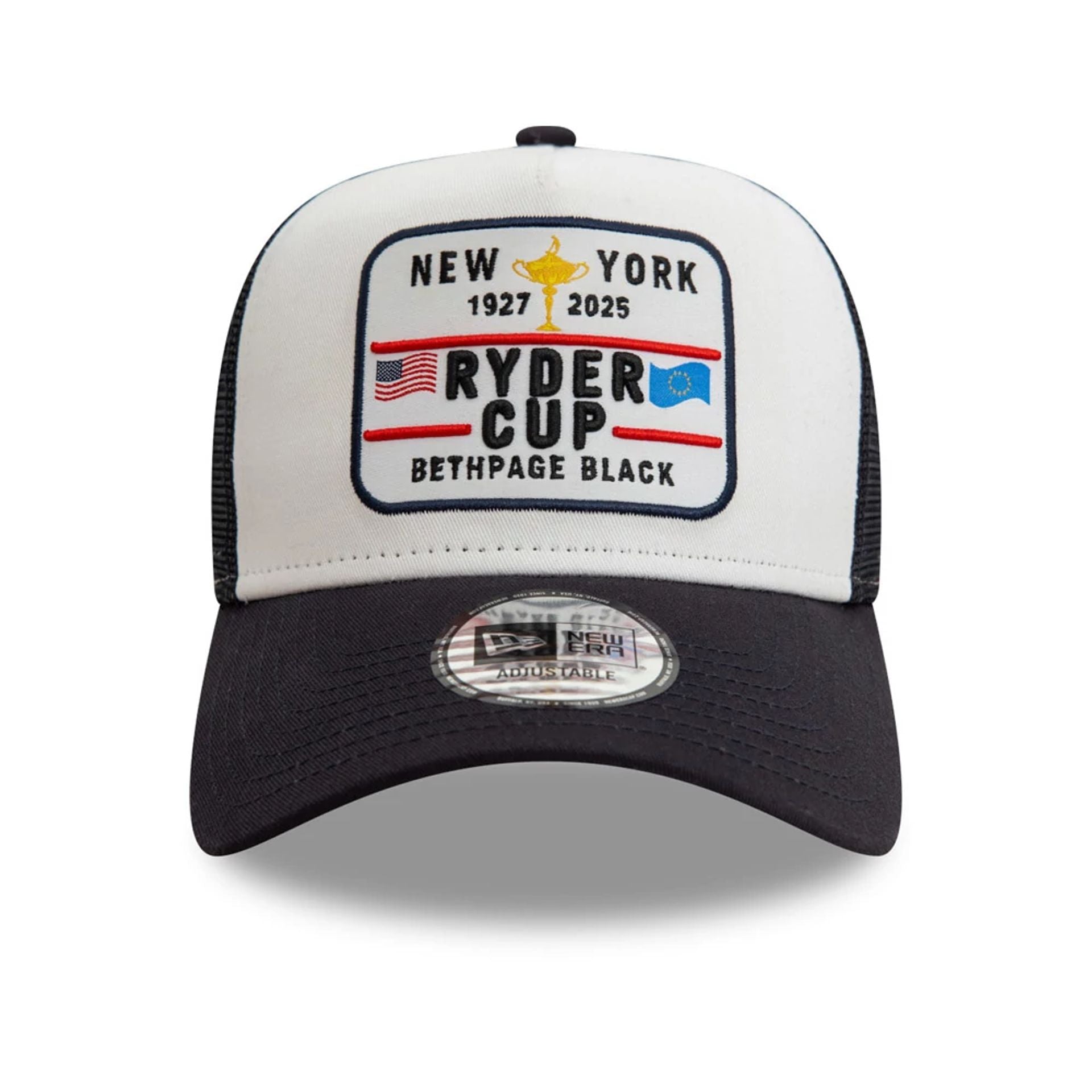 This is a Ryder Cup Europe 2025 Woven Patch White 9FORTY A-Frame Trucker Adjustable Cap 2