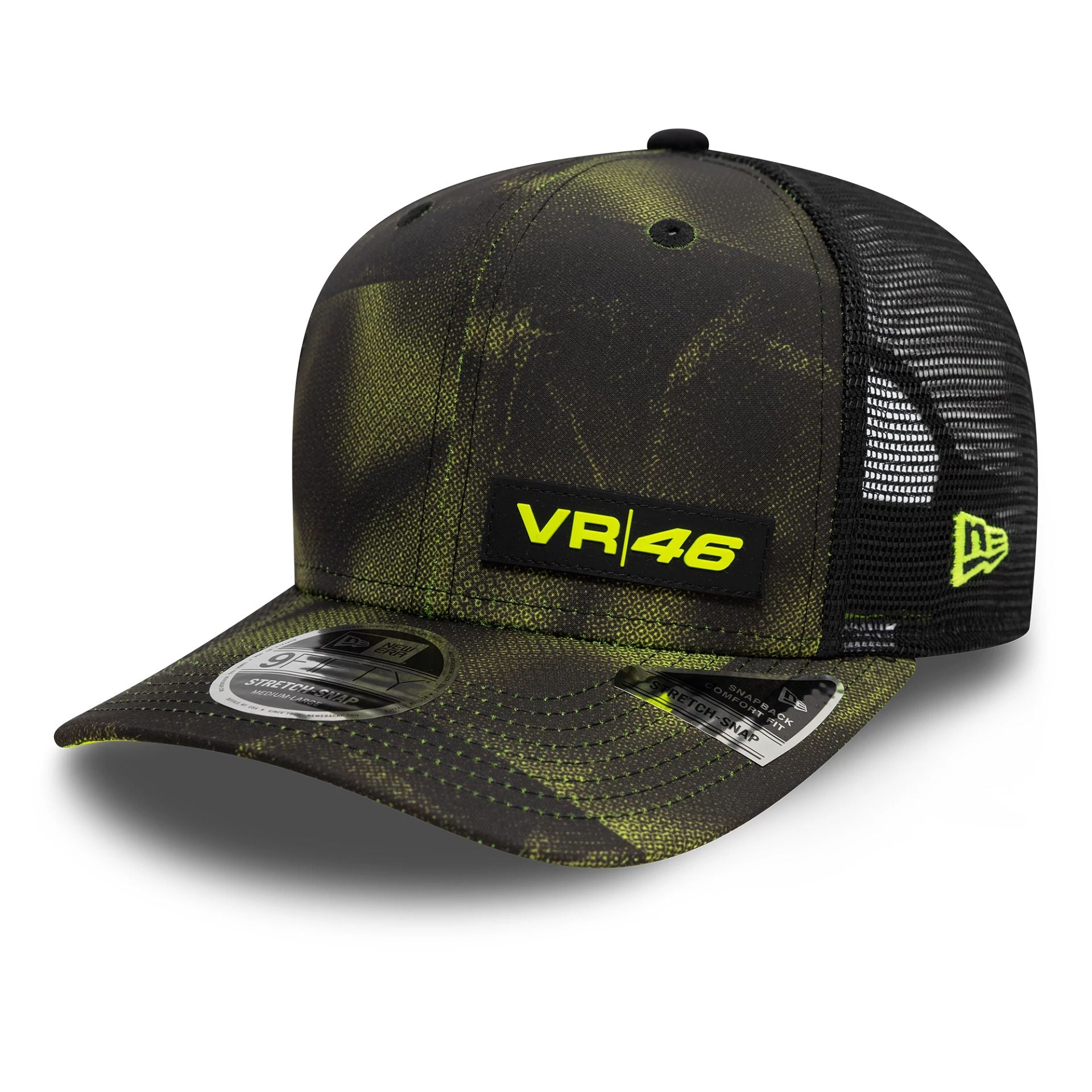 This is a VR46 Halftone All Over Print Black 9FIFTY Stretch Snap Snapback Adjustable Cap 1