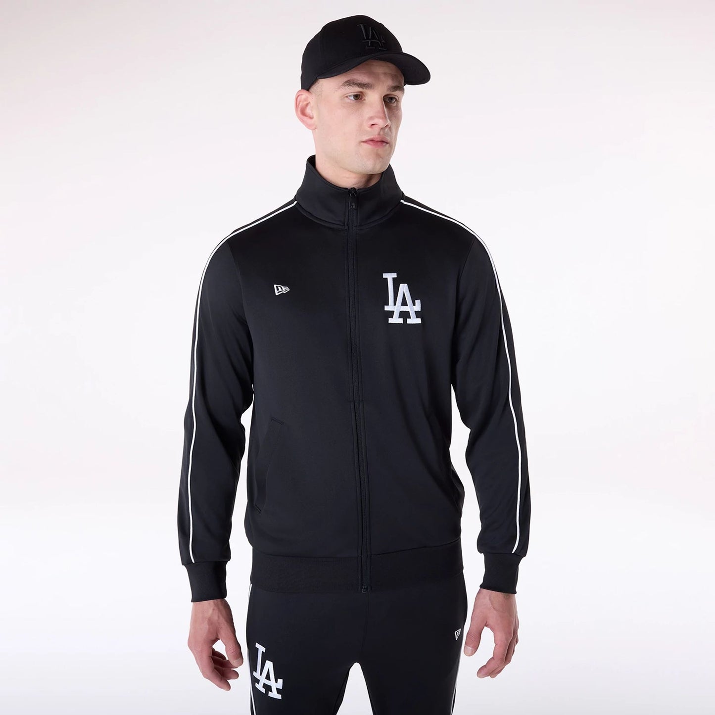 The Male model is wearing LA Dodgers MLB Poly Track Set Black Track Suit 2