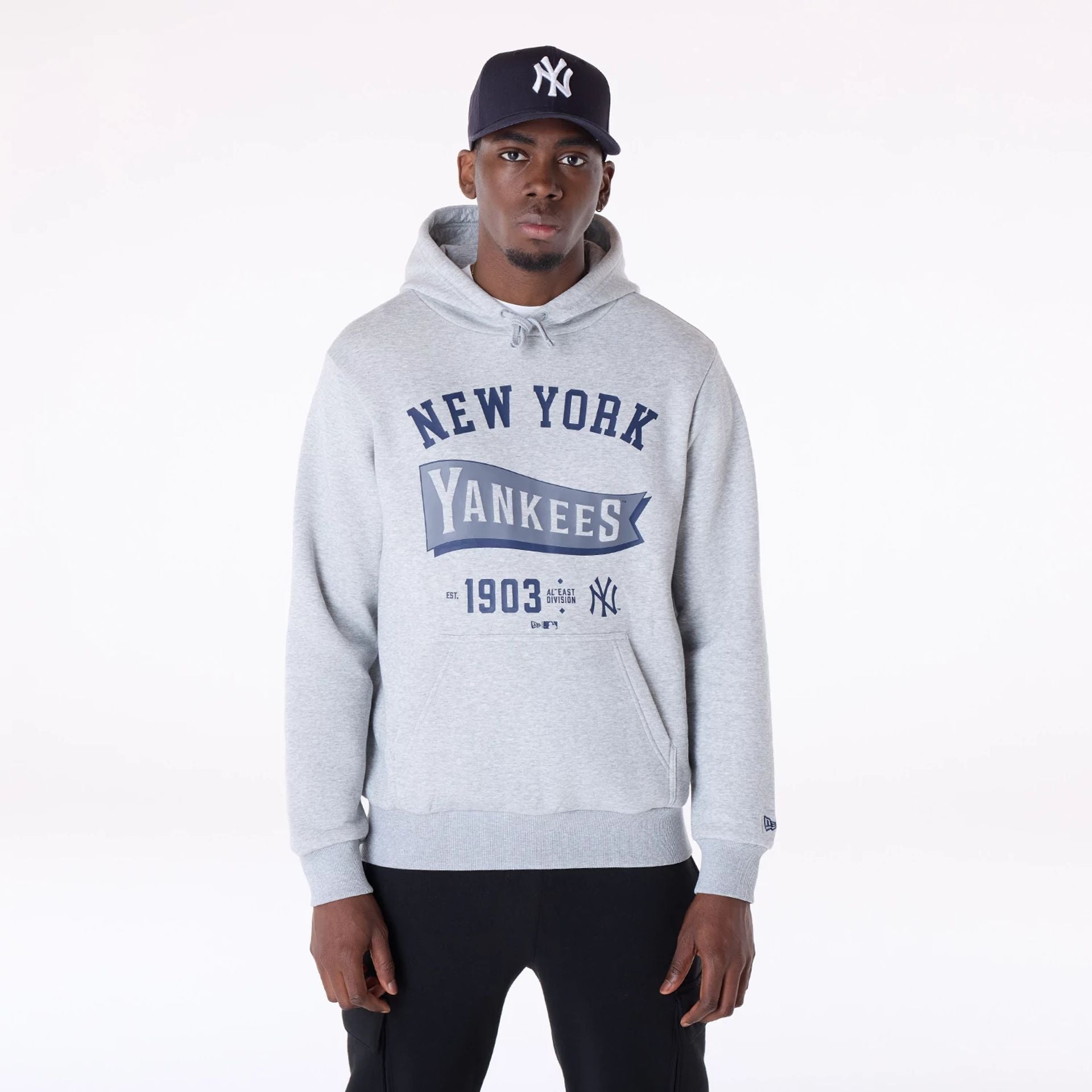 The Male model is wearing New York Yankees MLB Pennant Graphic Grey Pullover Hoodie 1