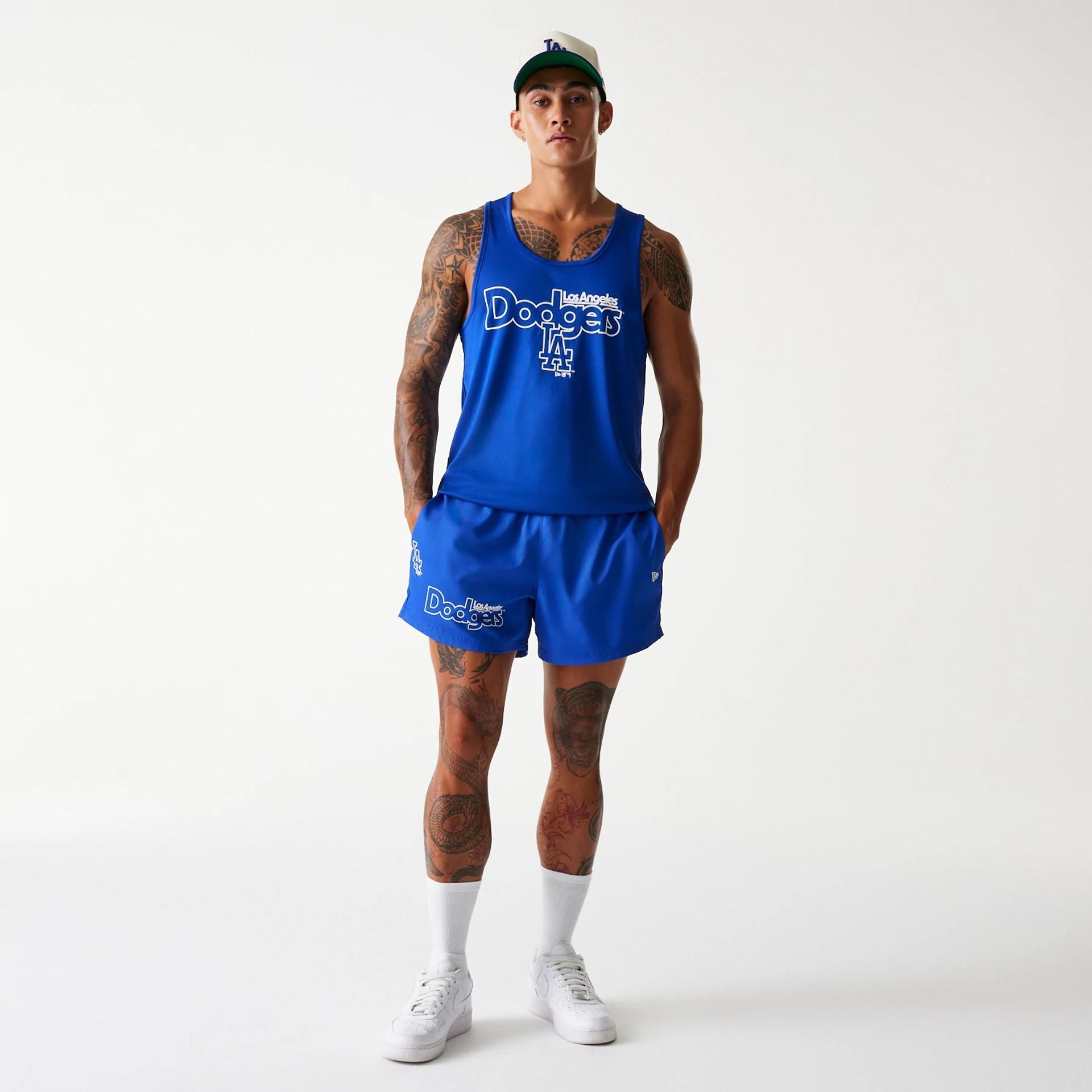 The Male model is wearing LA Dodgers MLB Essentials Blue Shorts 8