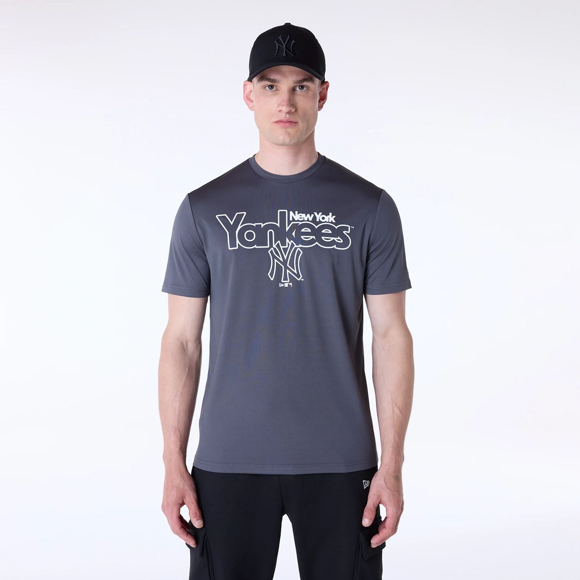 The Male model is wearing New York Yankees MLB Essentials Dark Grey T-Shirt 1