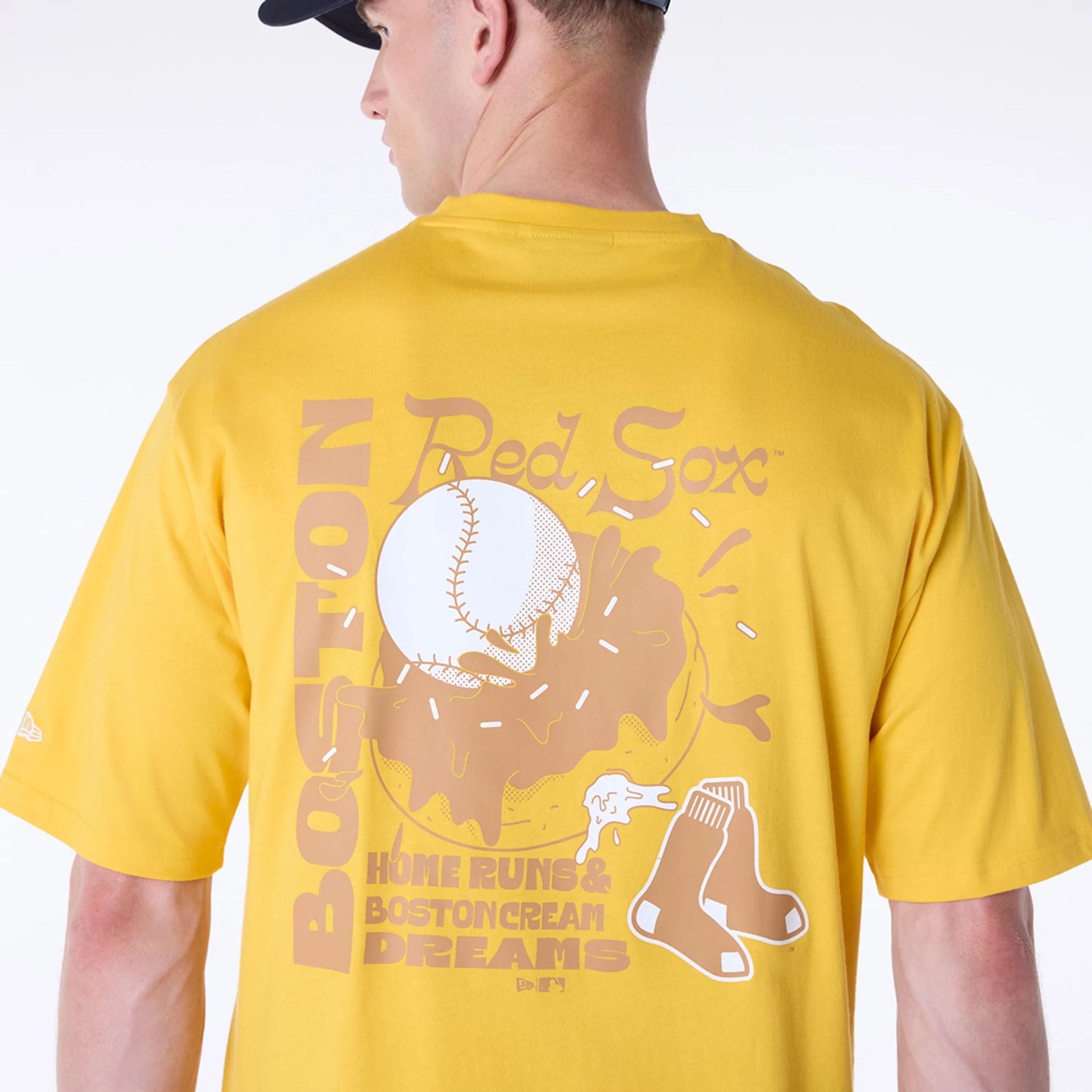 The Male model is wearing Boston Red Sox MLB Food Graphic Yellow Oversized T-Shirt 3