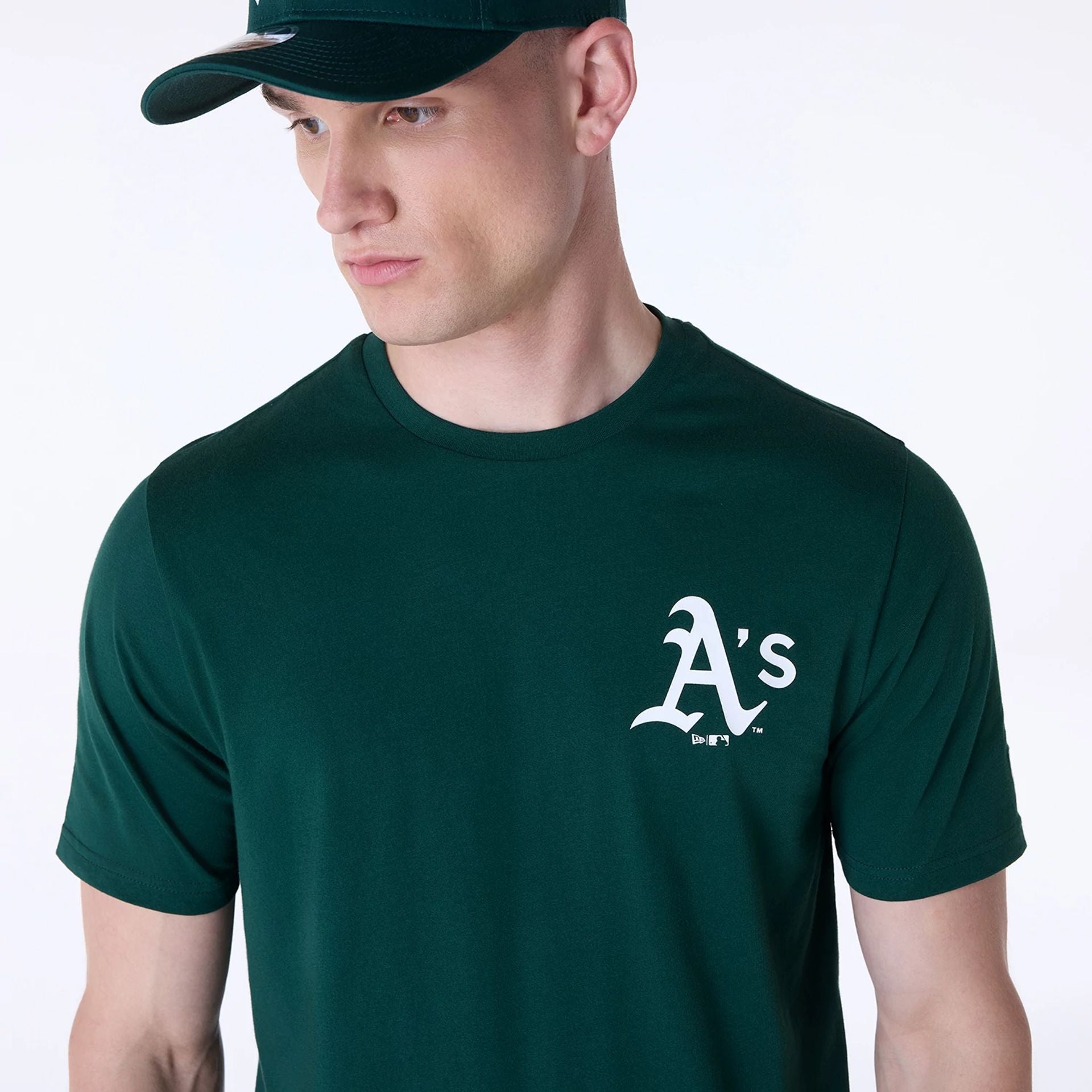 The Male model is wearing Oakland Athletics MLB Pennant Graphic Dark Green T-Shirt 7