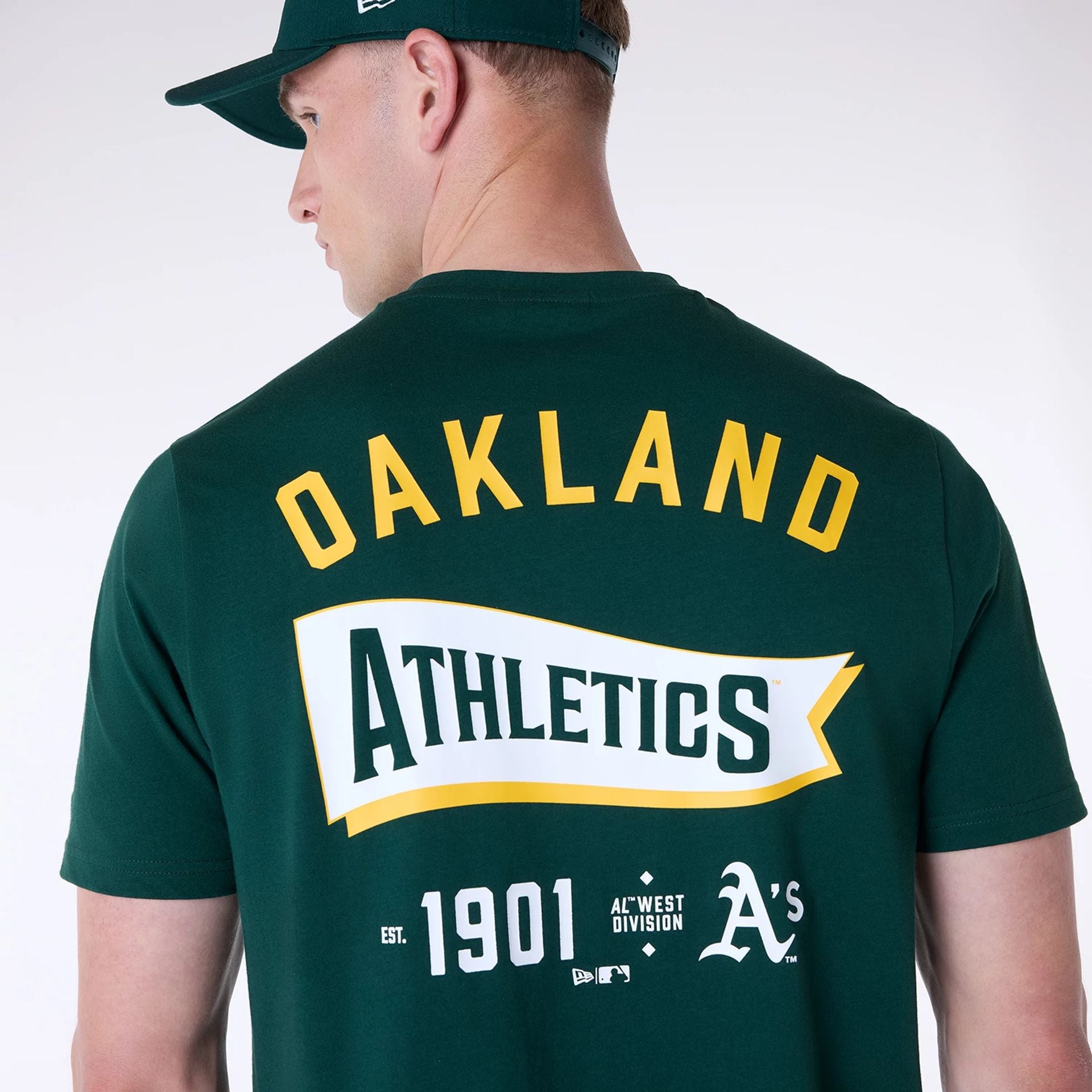 The Male model is wearing Oakland Athletics MLB Pennant Graphic Dark Green T-Shirt 5