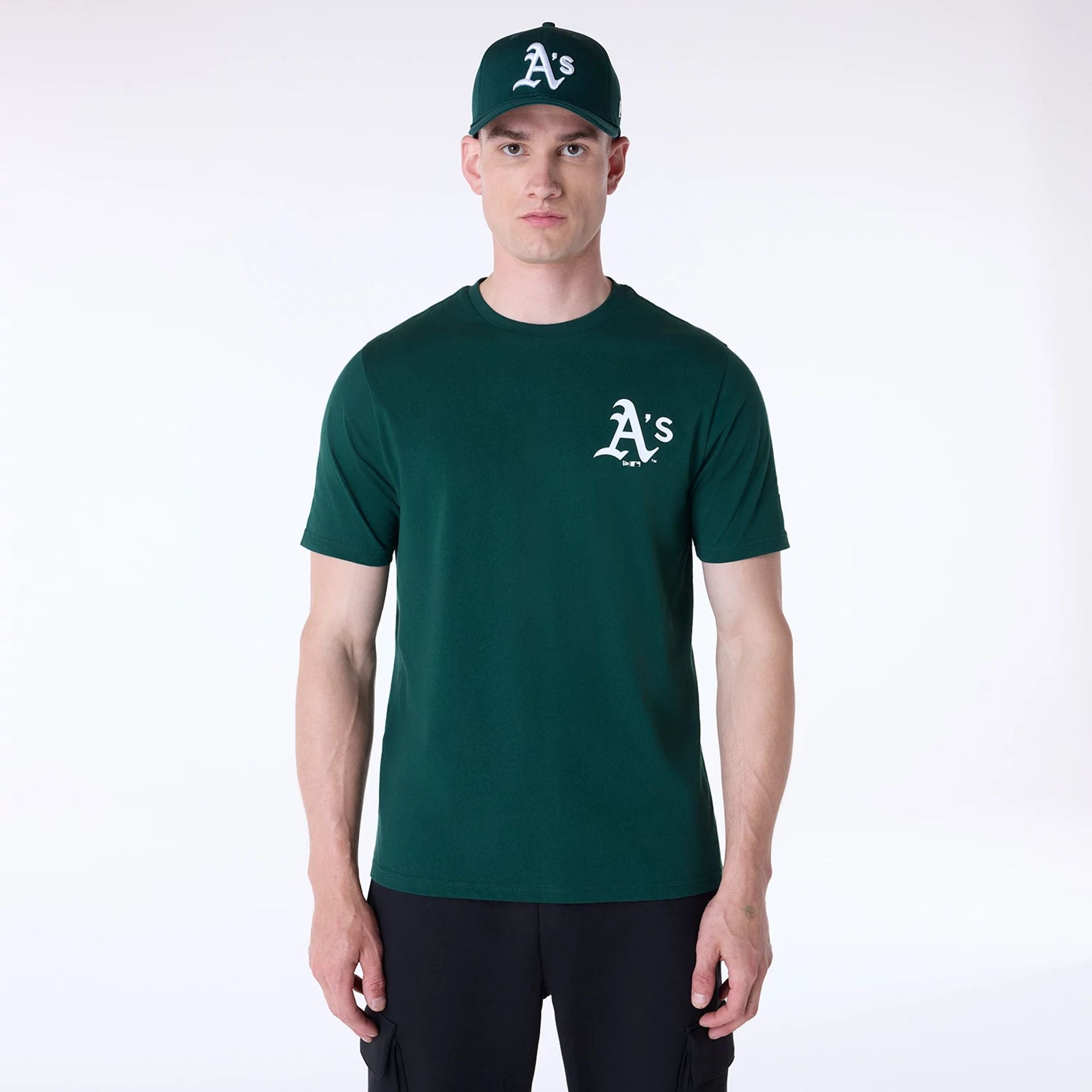 The Male model is wearing Oakland Athletics MLB Pennant Graphic Dark Green T-Shirt 1