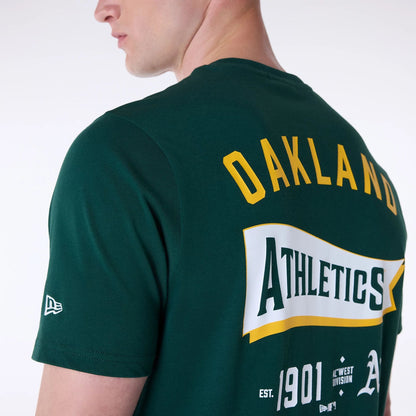 The Male model is wearing Oakland Athletics MLB Pennant Graphic Dark Green T-Shirt 4