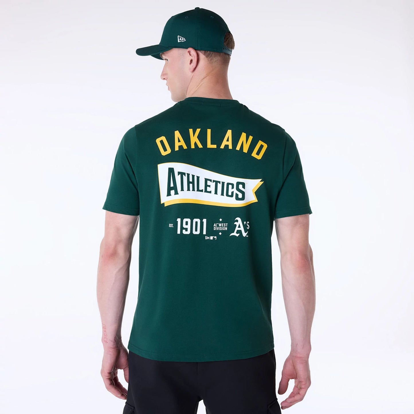 The Male model is wearing Oakland Athletics MLB Pennant Graphic Dark Green T-Shirt 2