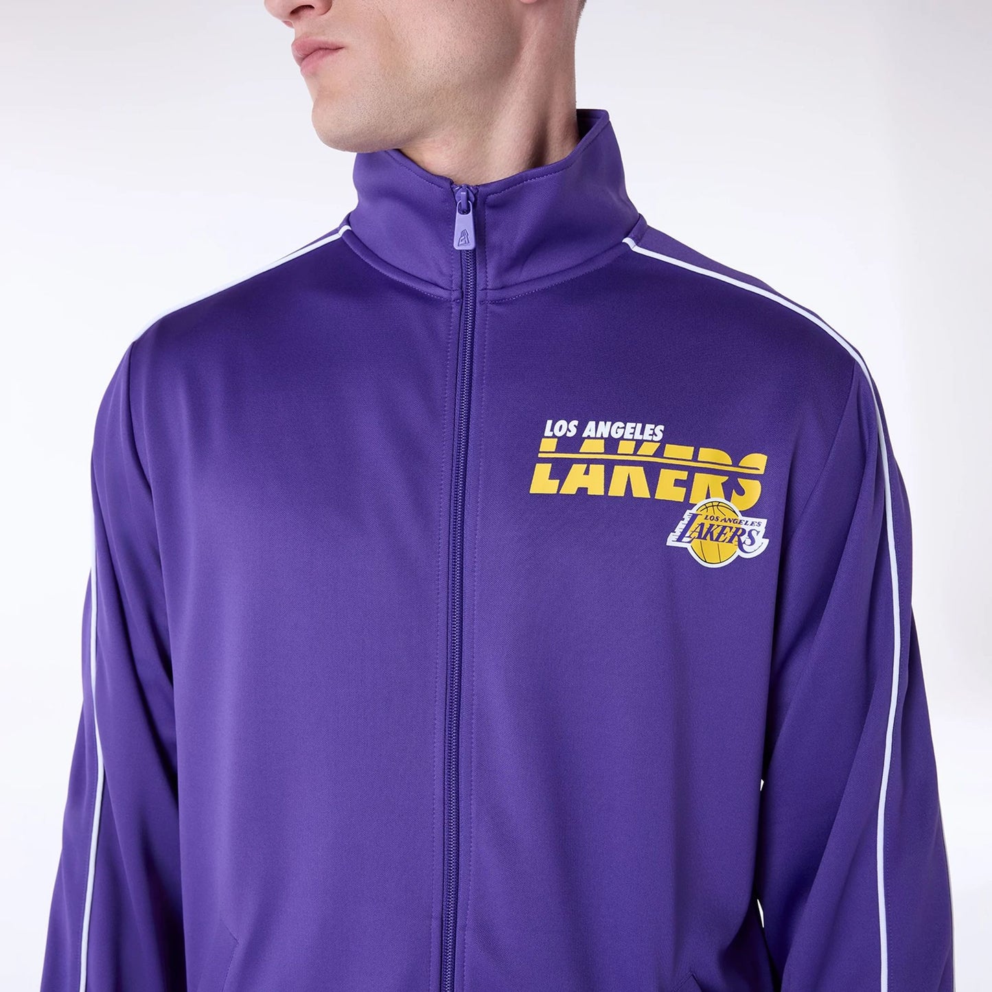 The Male model is wearing LA Lakers NBA Track Top Purple Jacket 6