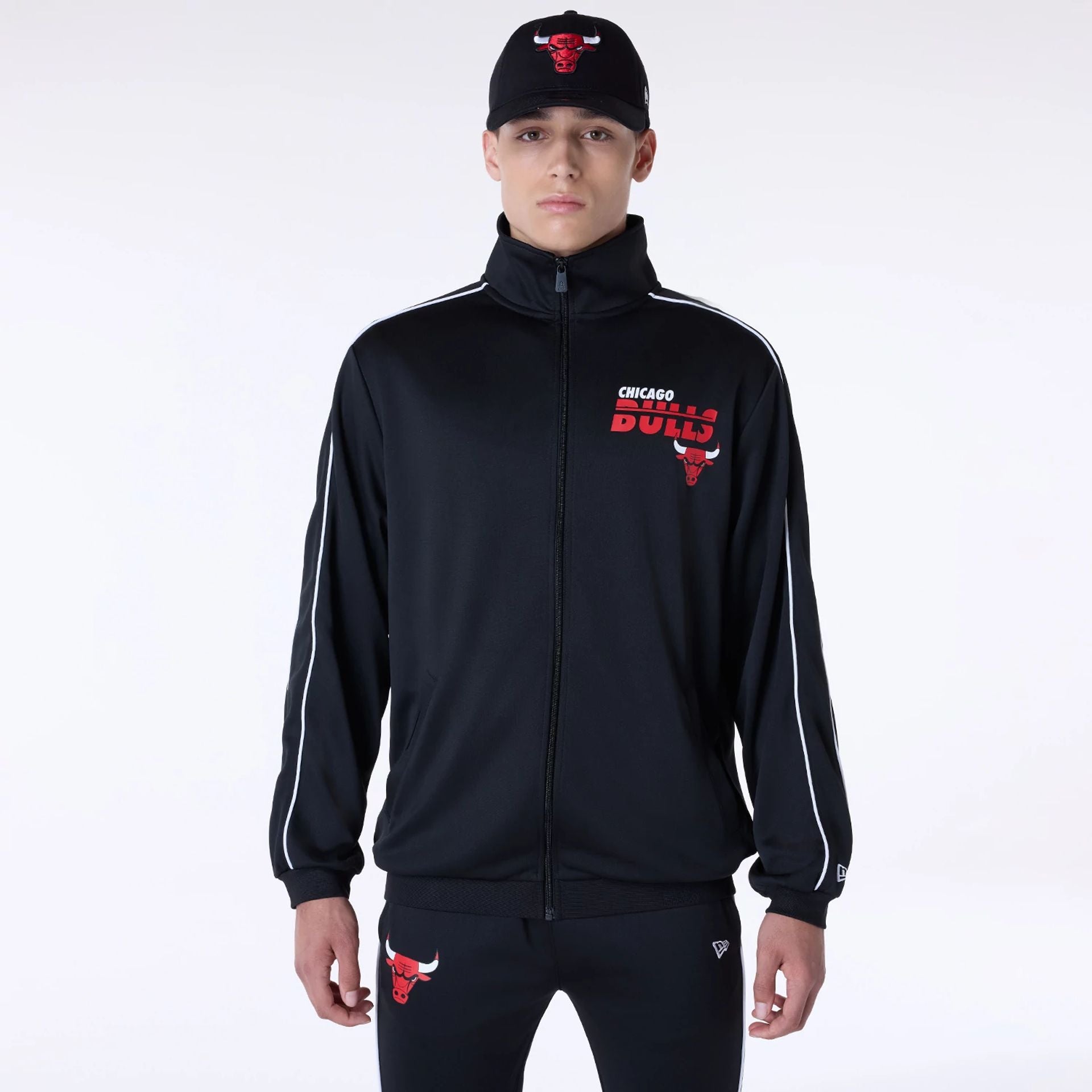 The Male model is wearing Chicago Bulls NBA Track Top Black Jacket 1