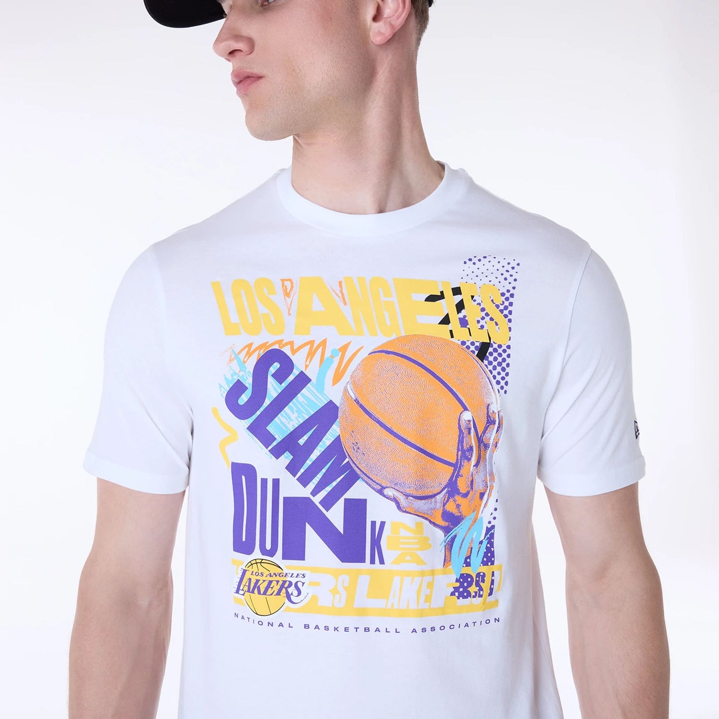 The Male model is wearing LA Lakers Basketball Graphic White T-Shirt 5