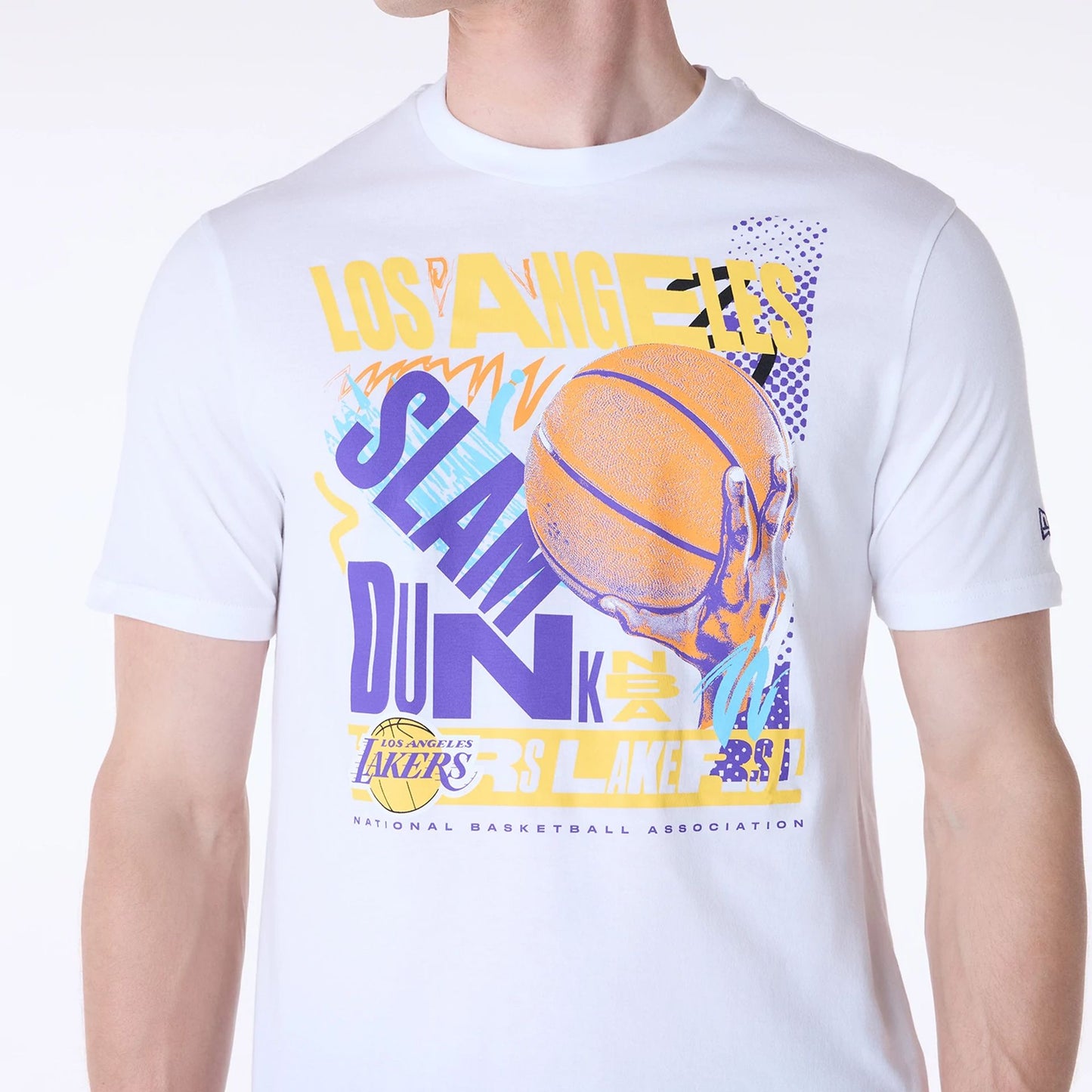 The Male model is wearing LA Lakers Basketball Graphic White T-Shirt 6