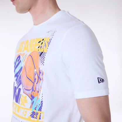 The Male model is wearing LA Lakers Basketball Graphic White T-Shirt 7