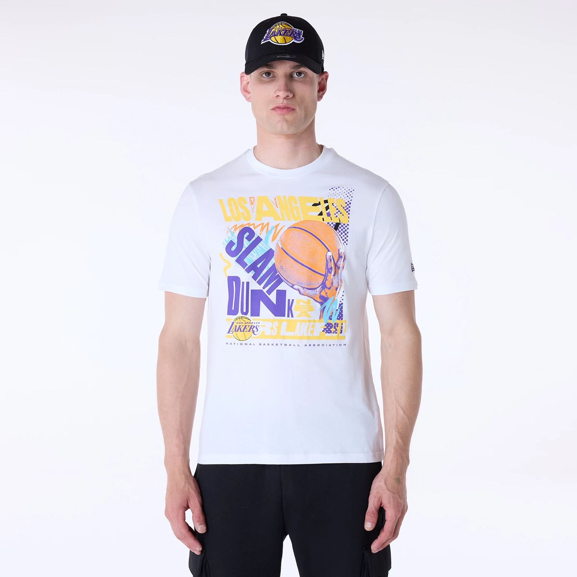 The Male model is wearing LA Lakers Basketball Graphic White T-Shirt 1