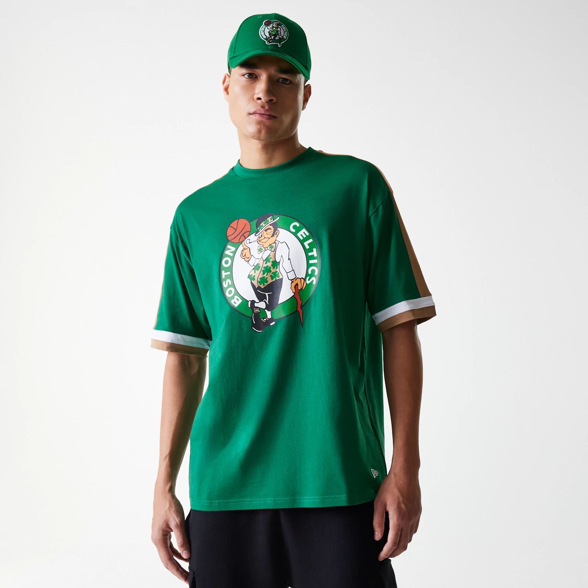 The Male model is wearing Boston Celtics NBA Panel Green Oversized T-Shirt 1