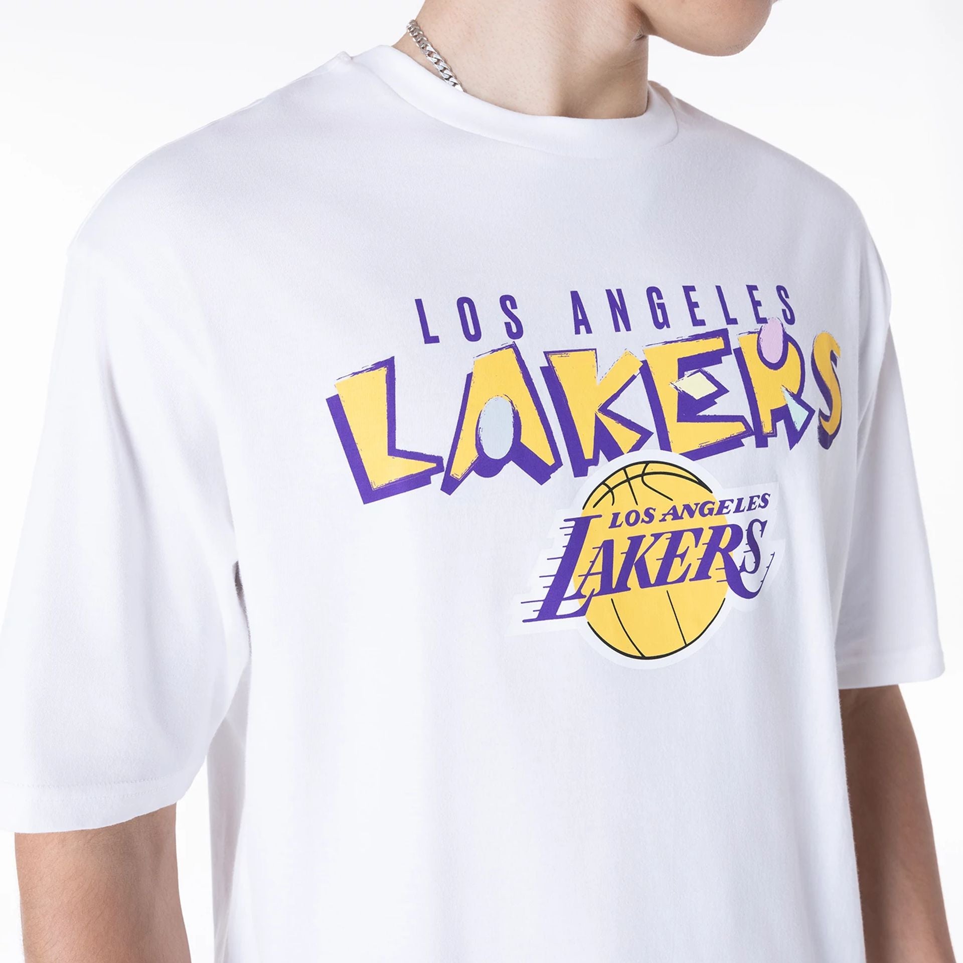 The Male model is wearing LA Lakers NBA Graphic White Oversized T-Shirt 3