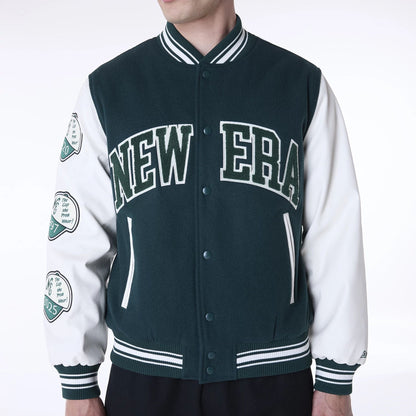 The Male model is wearing New Era Patch Dark Green Varsity Jacket 5