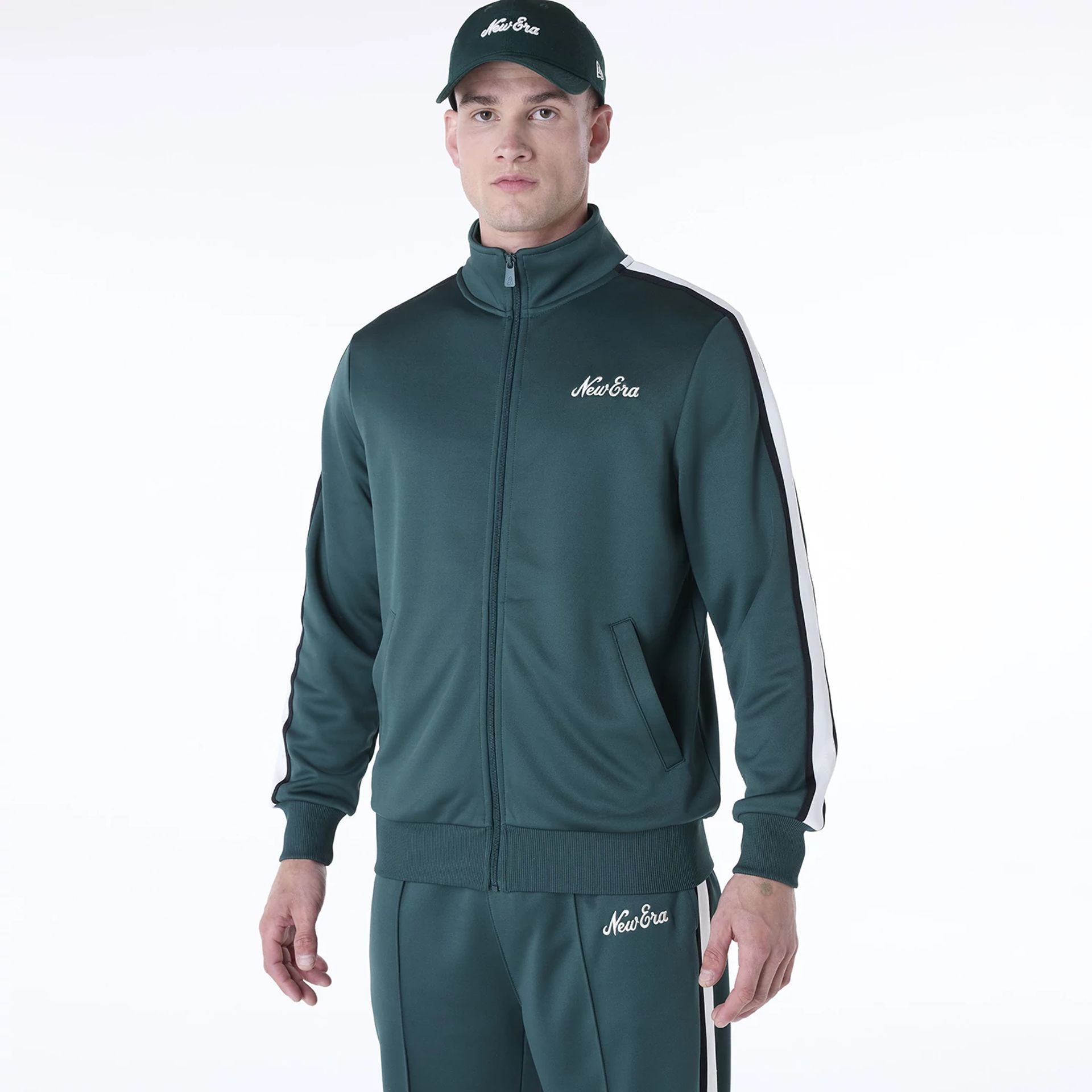 The Male model is wearing New Era Essential Dark Green Track Jacket 3