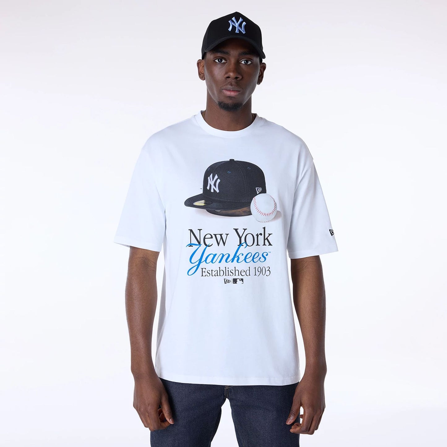 The Male model is wearing New York Yankees MLB Script White T-Shirt 1