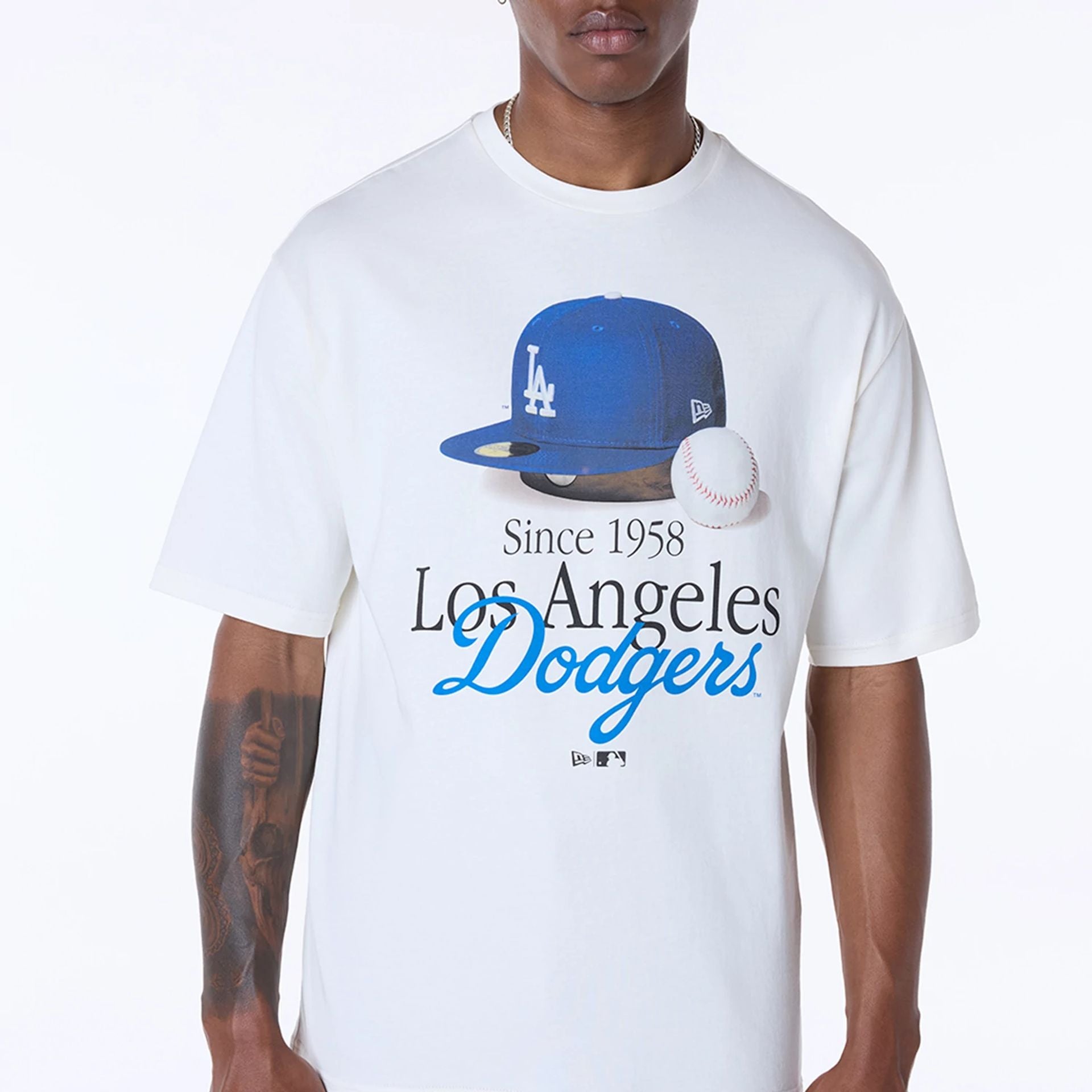 The Male model is wearing LA Dodgers MLB Script Open White T-Shirt 3