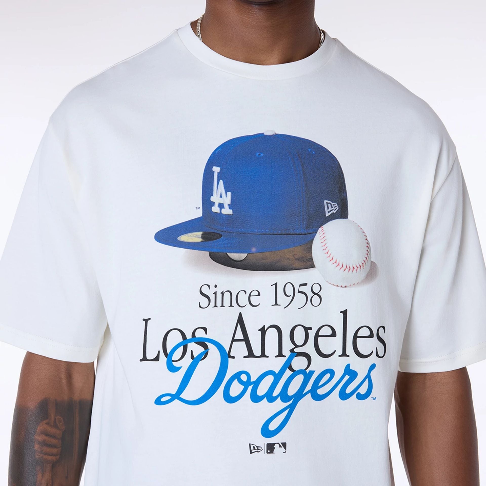 The Male model is wearing LA Dodgers MLB Script Open White T-Shirt 4