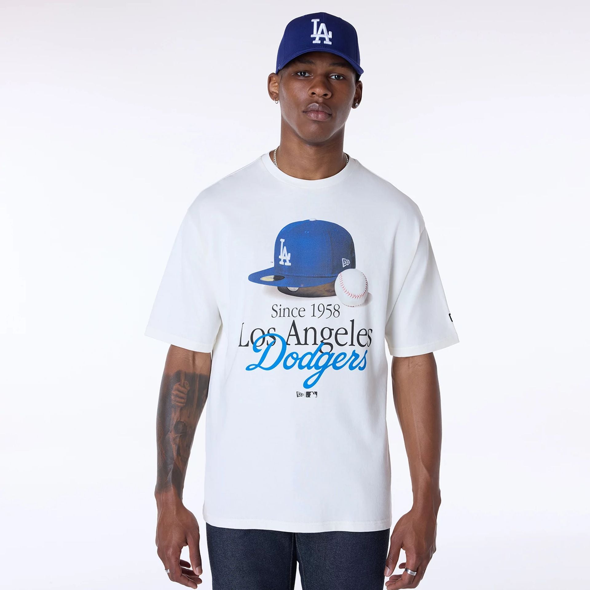 The Male model is wearing LA Dodgers MLB Script Open White T-Shirt 1