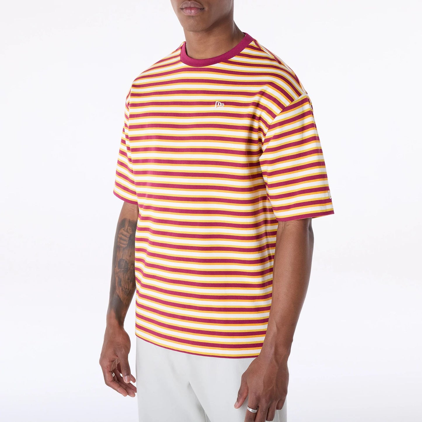 The Male model is wearing New Era Stripe Dark Red T-Shirt 7