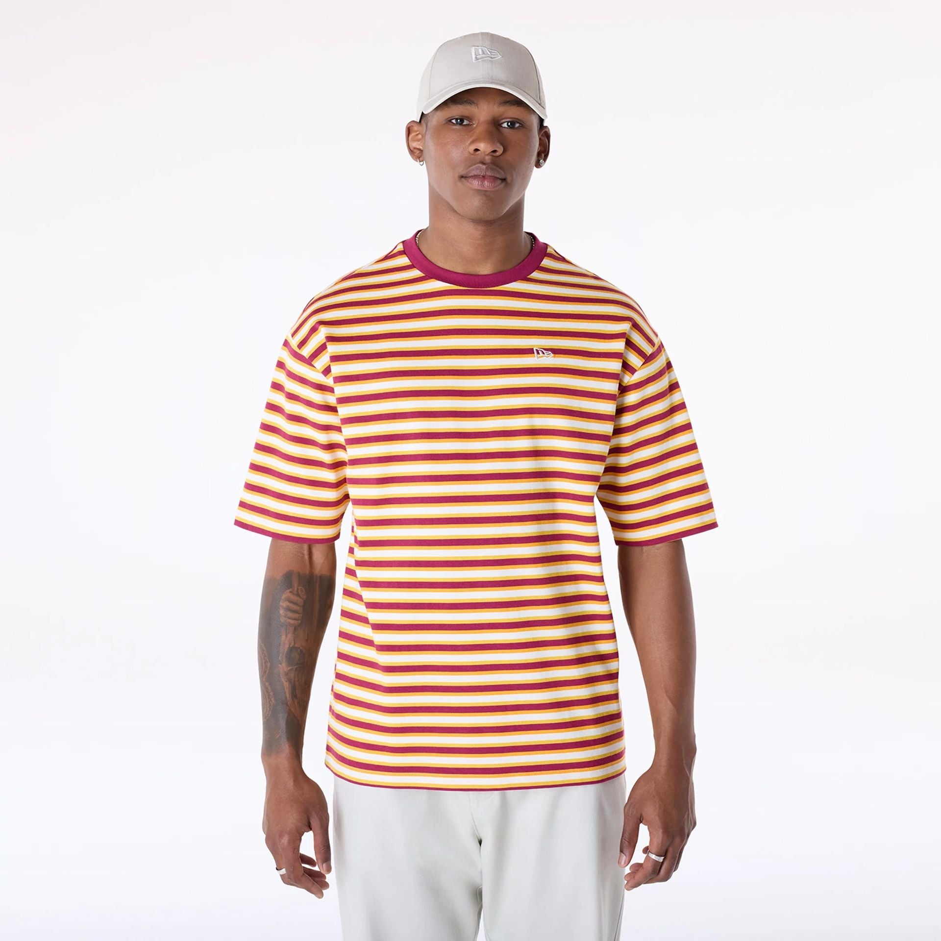 The Male model is wearing New Era Stripe Dark Red T-Shirt 1