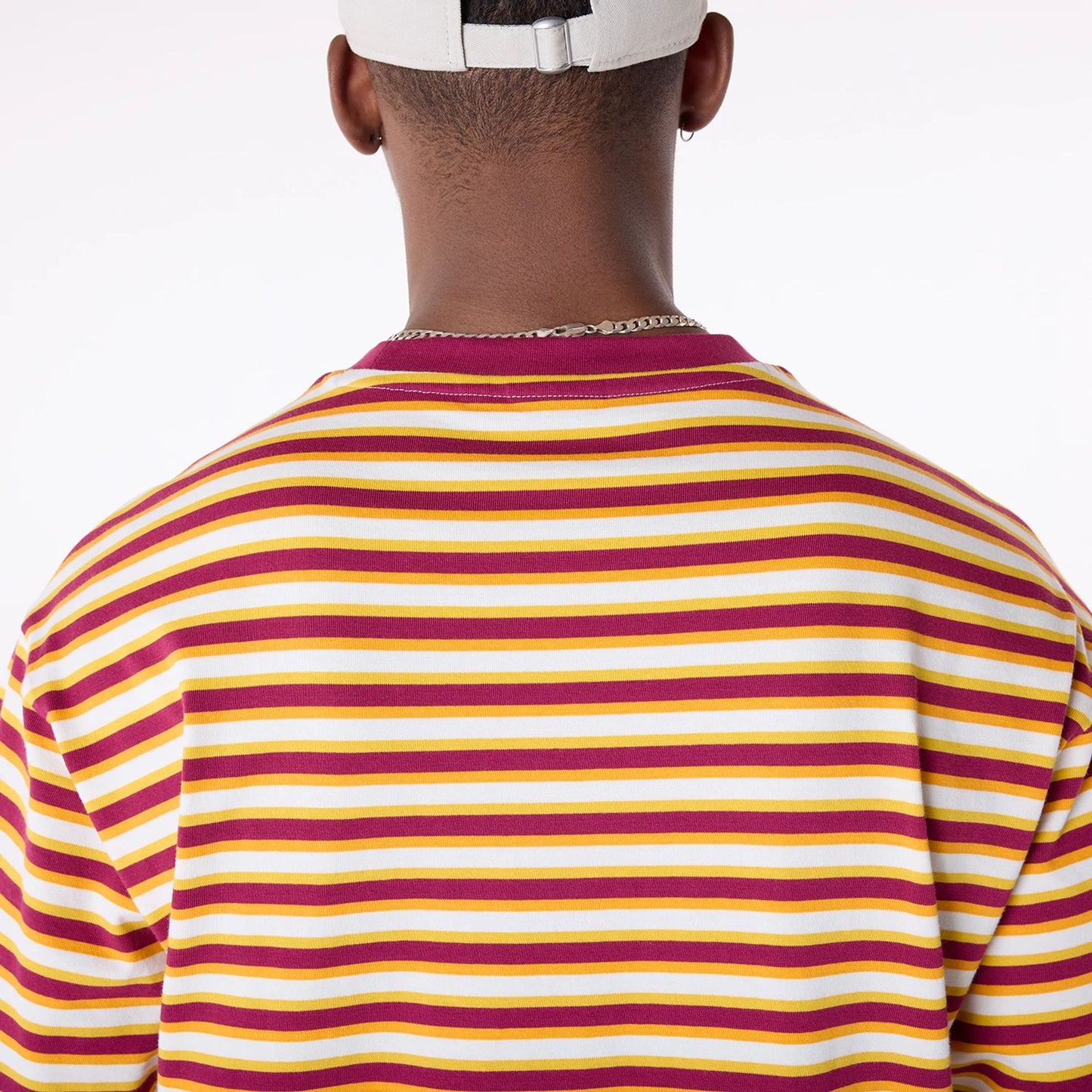 The Male model is wearing New Era Stripe Dark Red T-Shirt 4