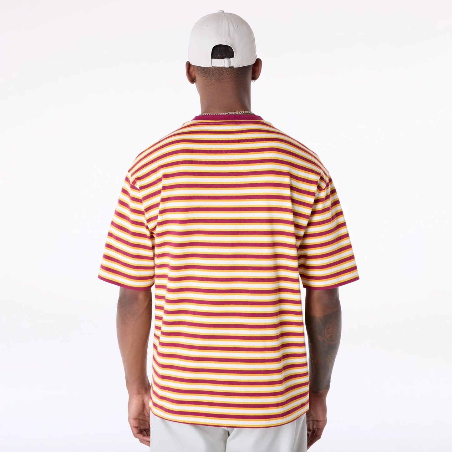 The Male model is wearing New Era Stripe Dark Red T-Shirt 2