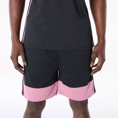 The Male model is wearing New Era Mesh Black Oversized Shorts 7