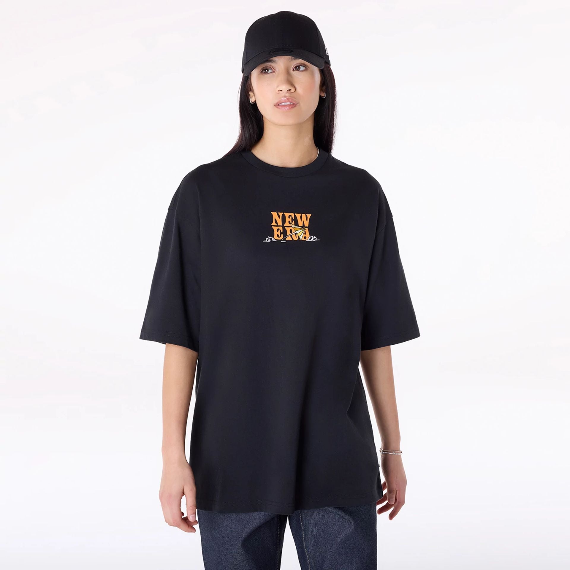 The Male model is wearing New Era Drink Graphic Black Oversized T-Shirt 6