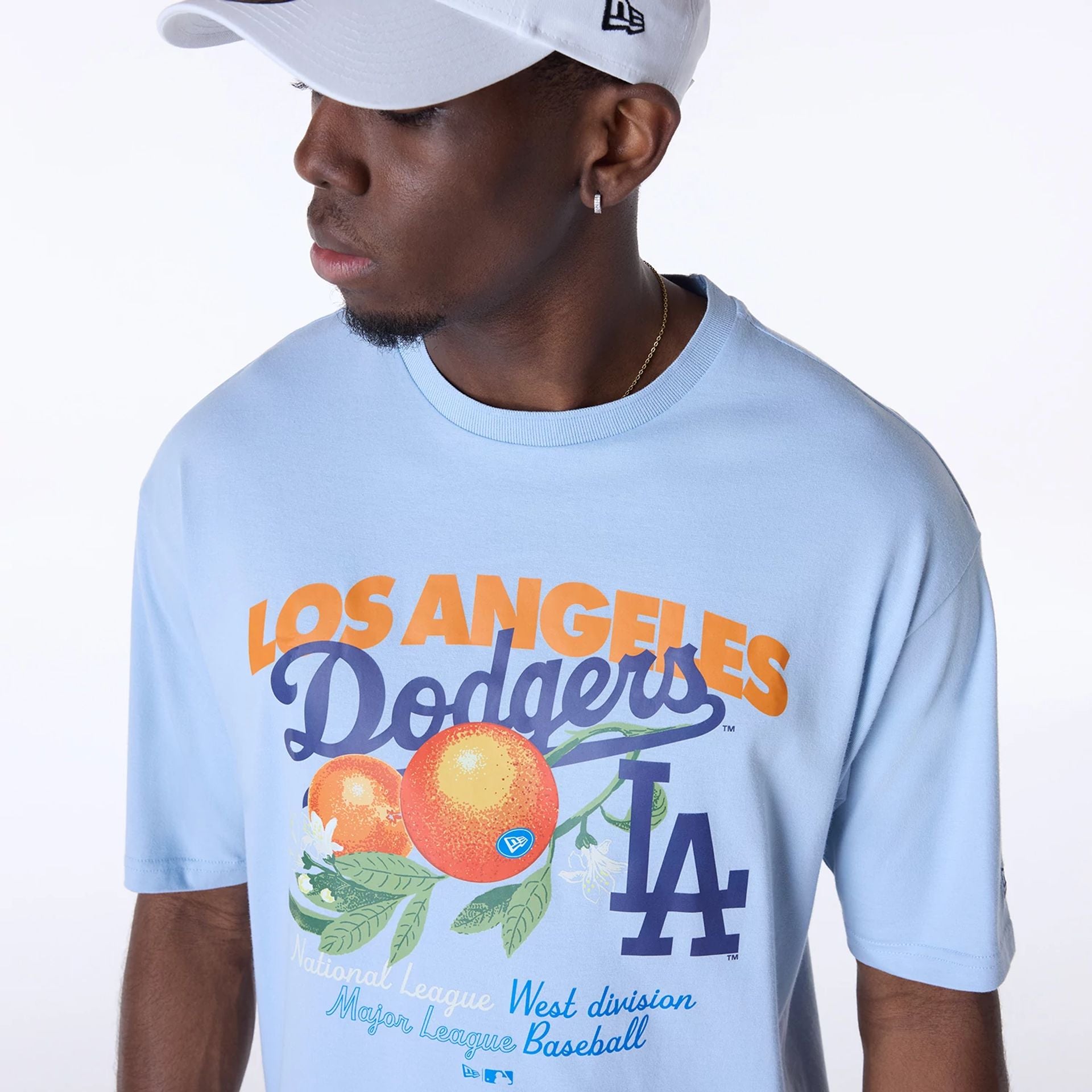 The Male model is wearing LA Dodgers MLB Fruit Pastel Blue T-Shirt 4