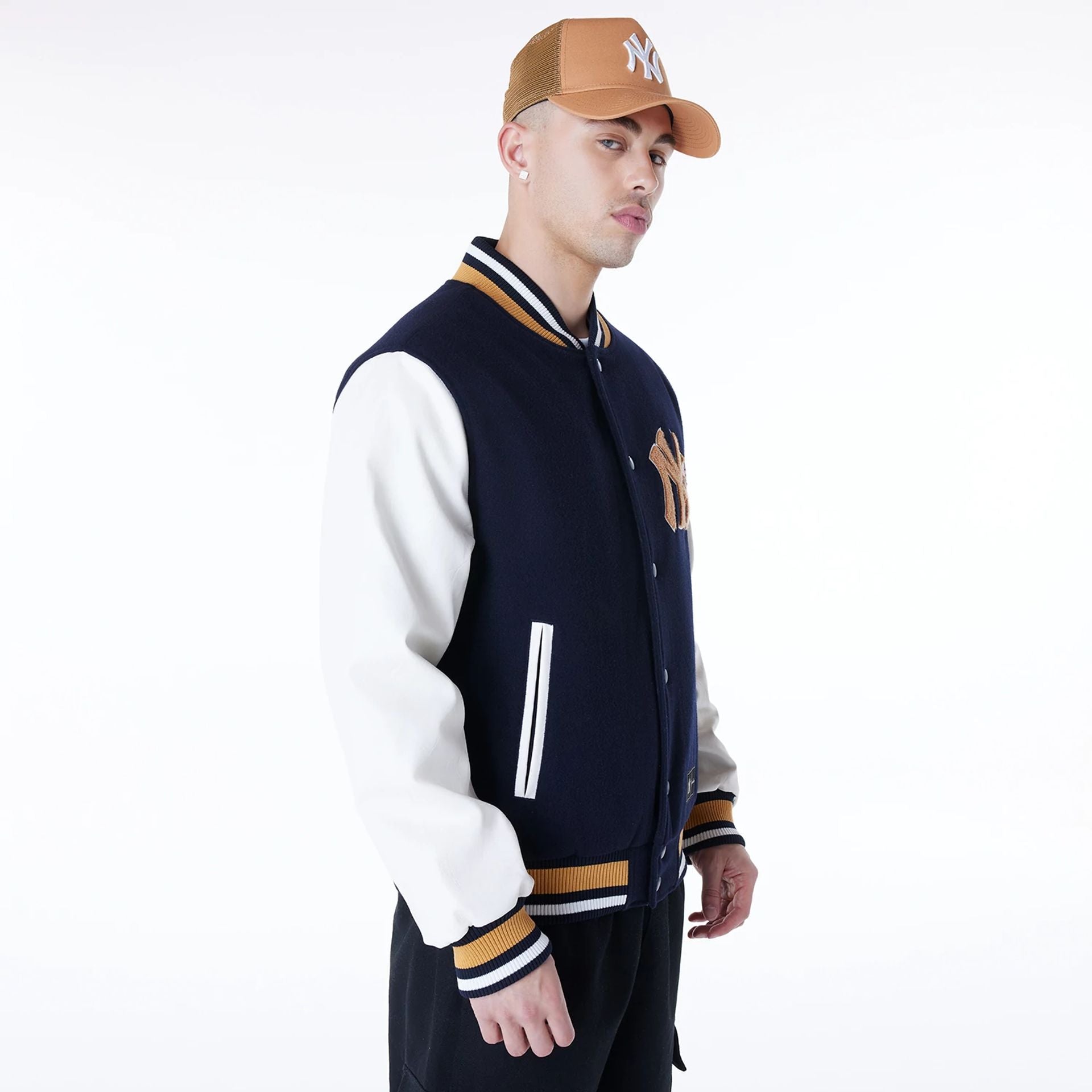 The Male model is wearing New York Yankees MLB Floral Navy Jacket 7