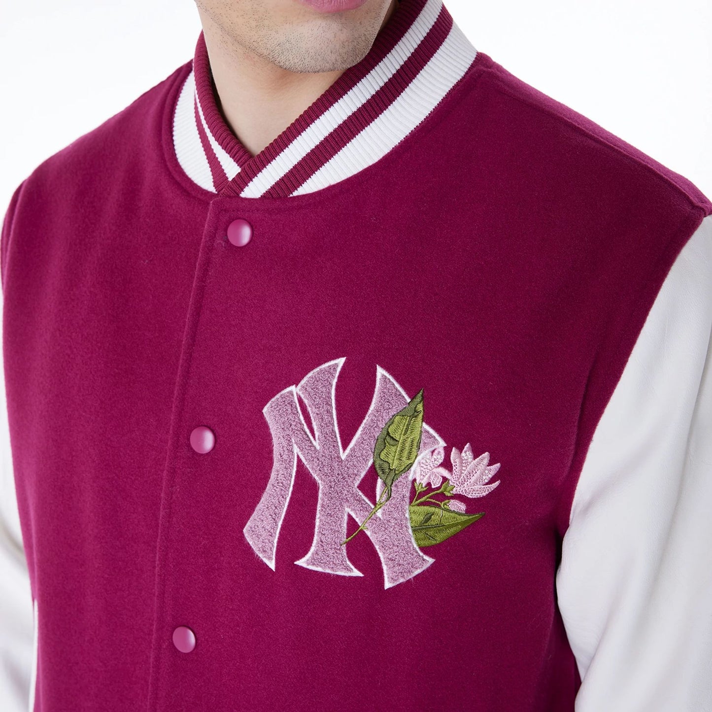 The Male model is wearing New York Yankees MLB Floral Dark Red Jacket 3