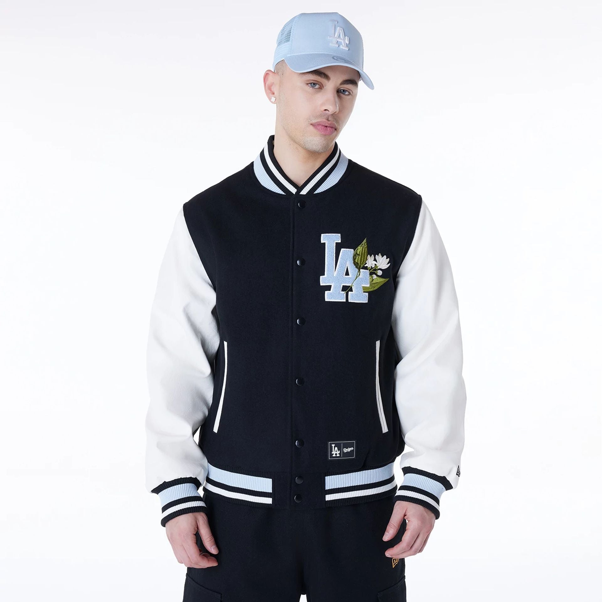 The Male model is wearing LA Dodgers MLB Floral Black Jacket 1