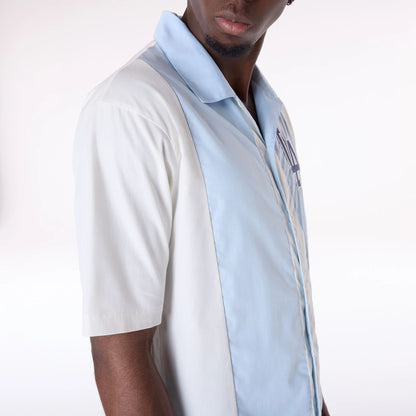 The Male model is wearing LA Dodgers Stripe Revere Open White Short Sleeve Shirt 7